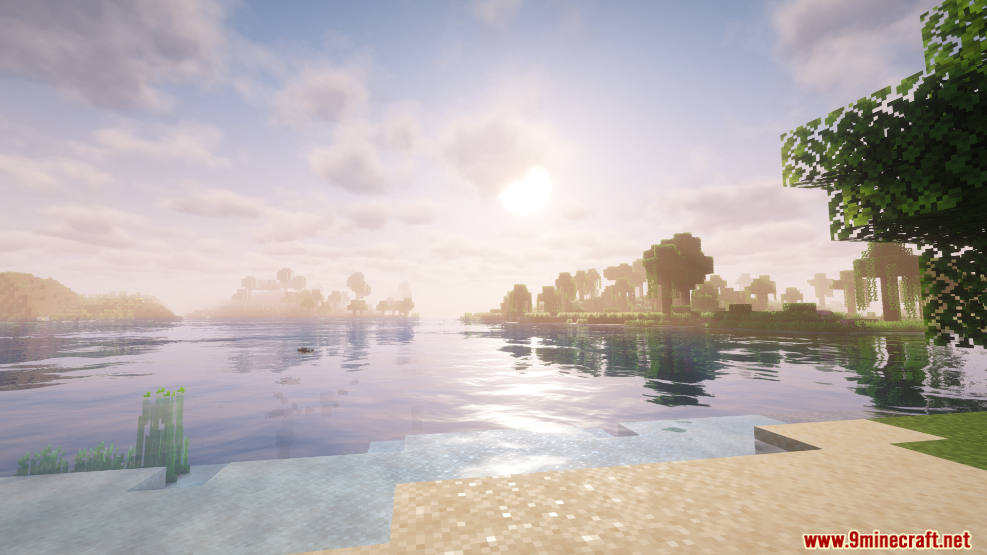 Scenic Minecraft landscape with water and shaders