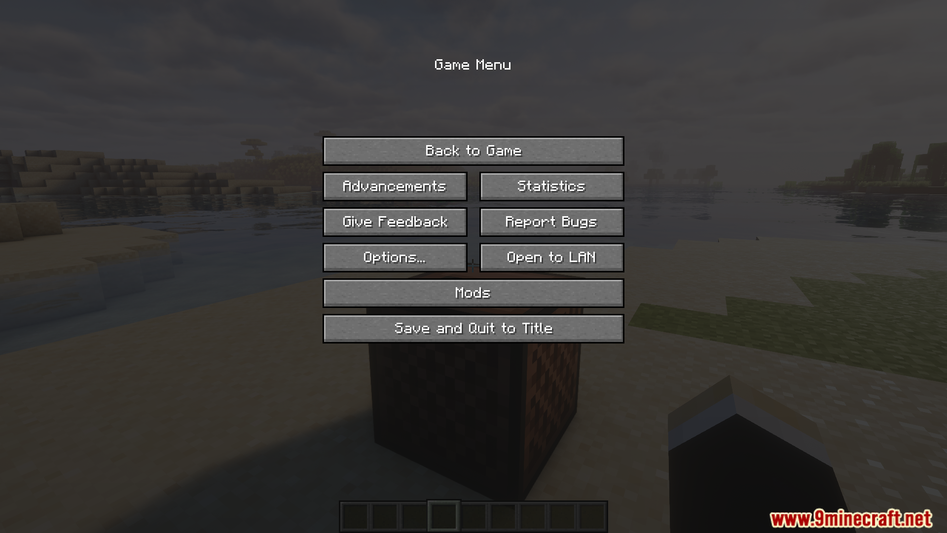 Minecraft game menu open over a beach landscape