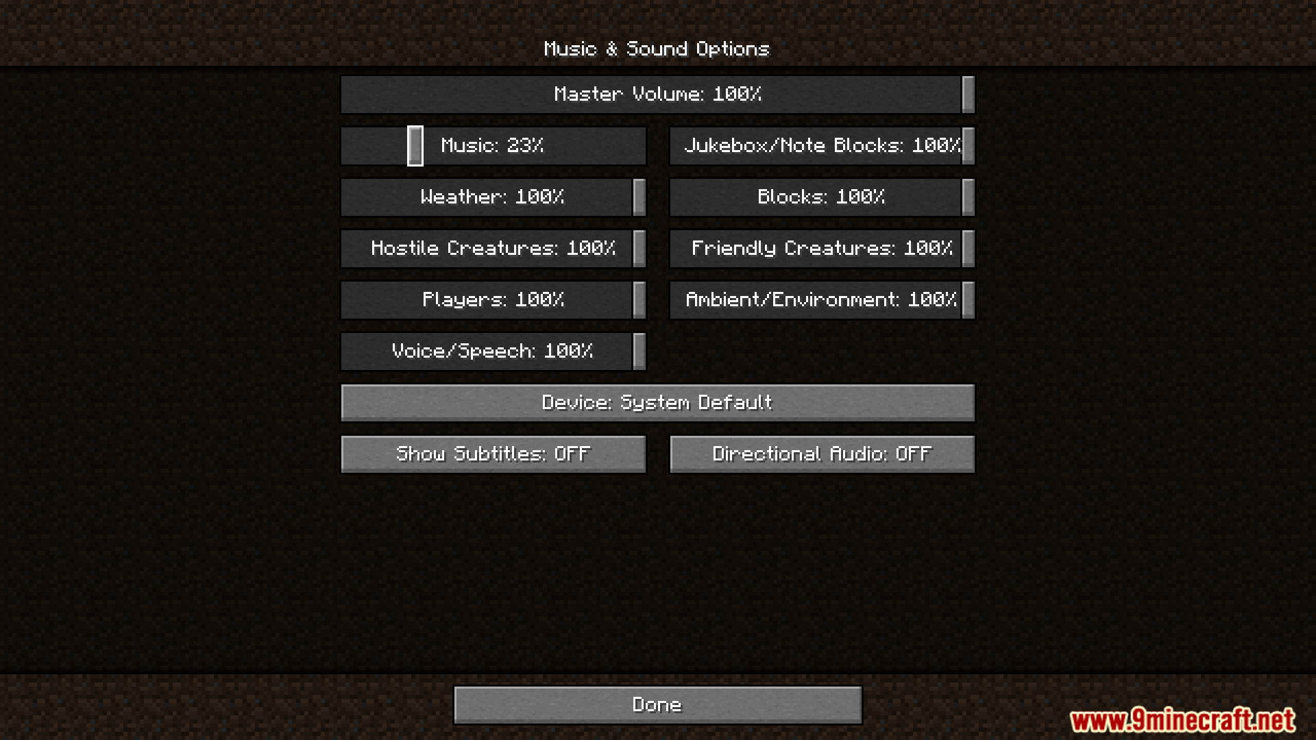 Adjusting music and sound options in the game menu