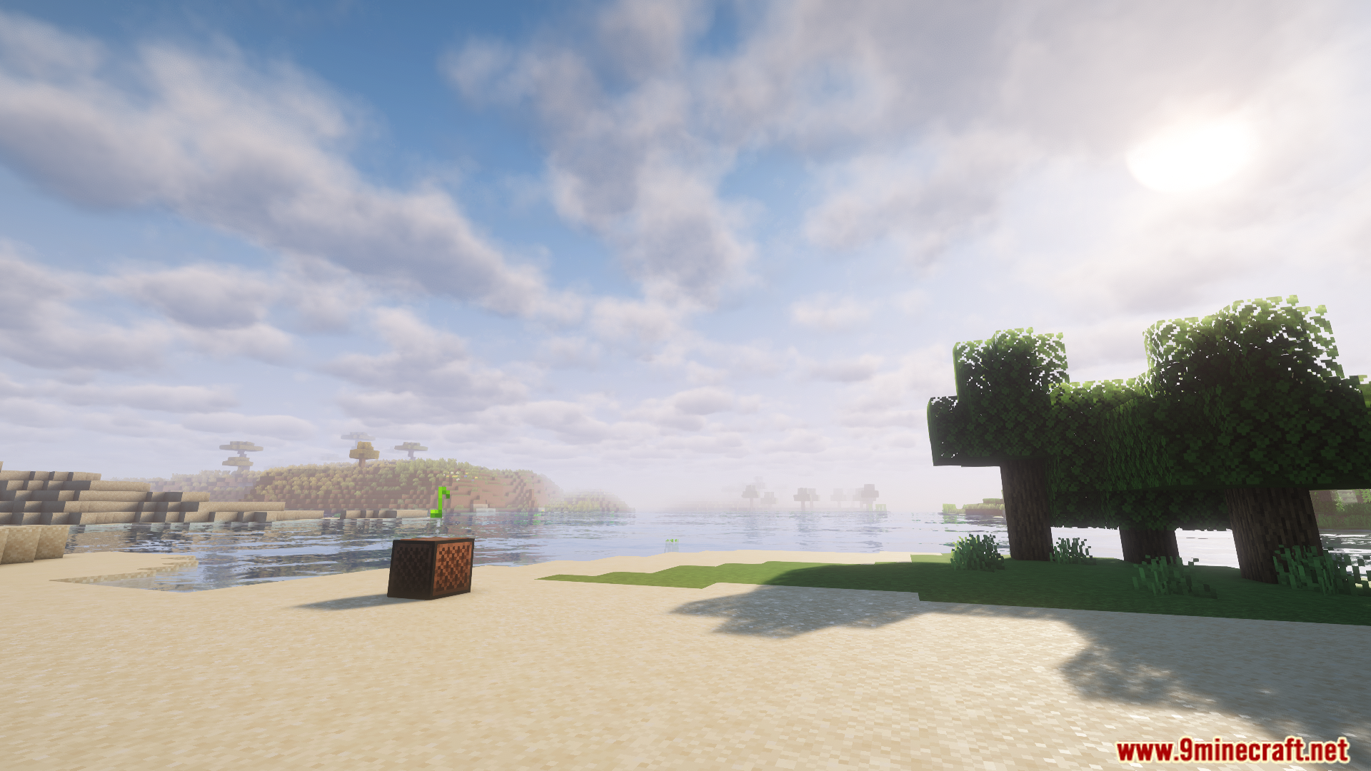 Jukebox playing music on a sunny Minecraft beach
