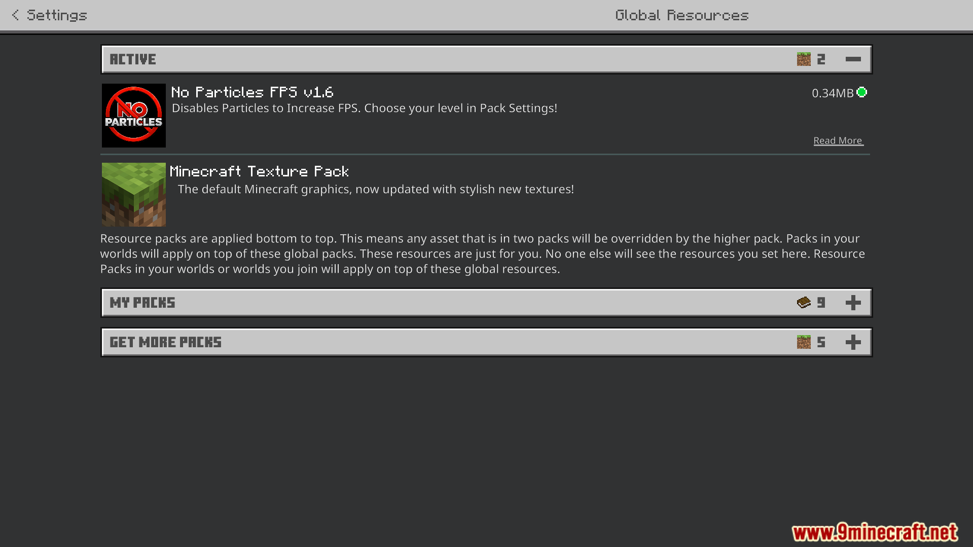 No Particles FPS Texture Pack Screenshot 1 Global resources menu showing active texture packs in settings