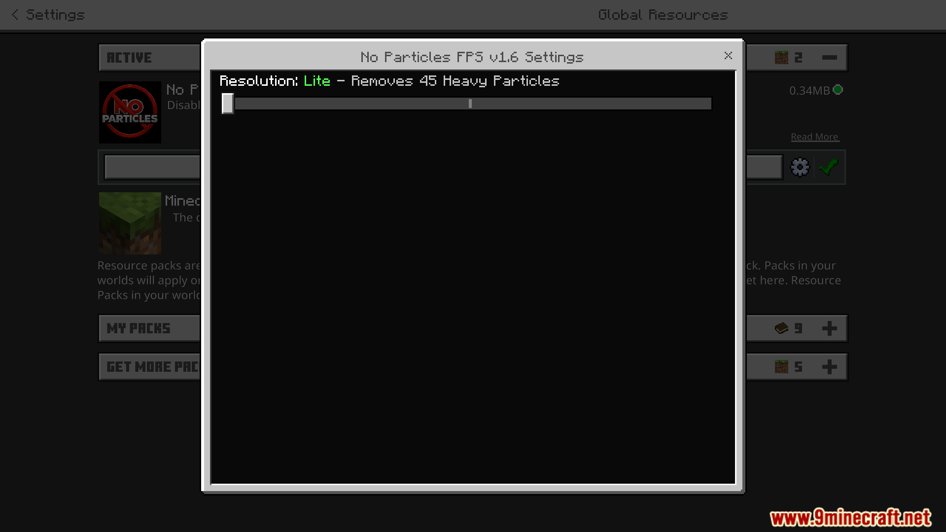 No Particles FPS Texture Pack Screenshot 2 Settings menu for adjusting particle removal level to improve performance