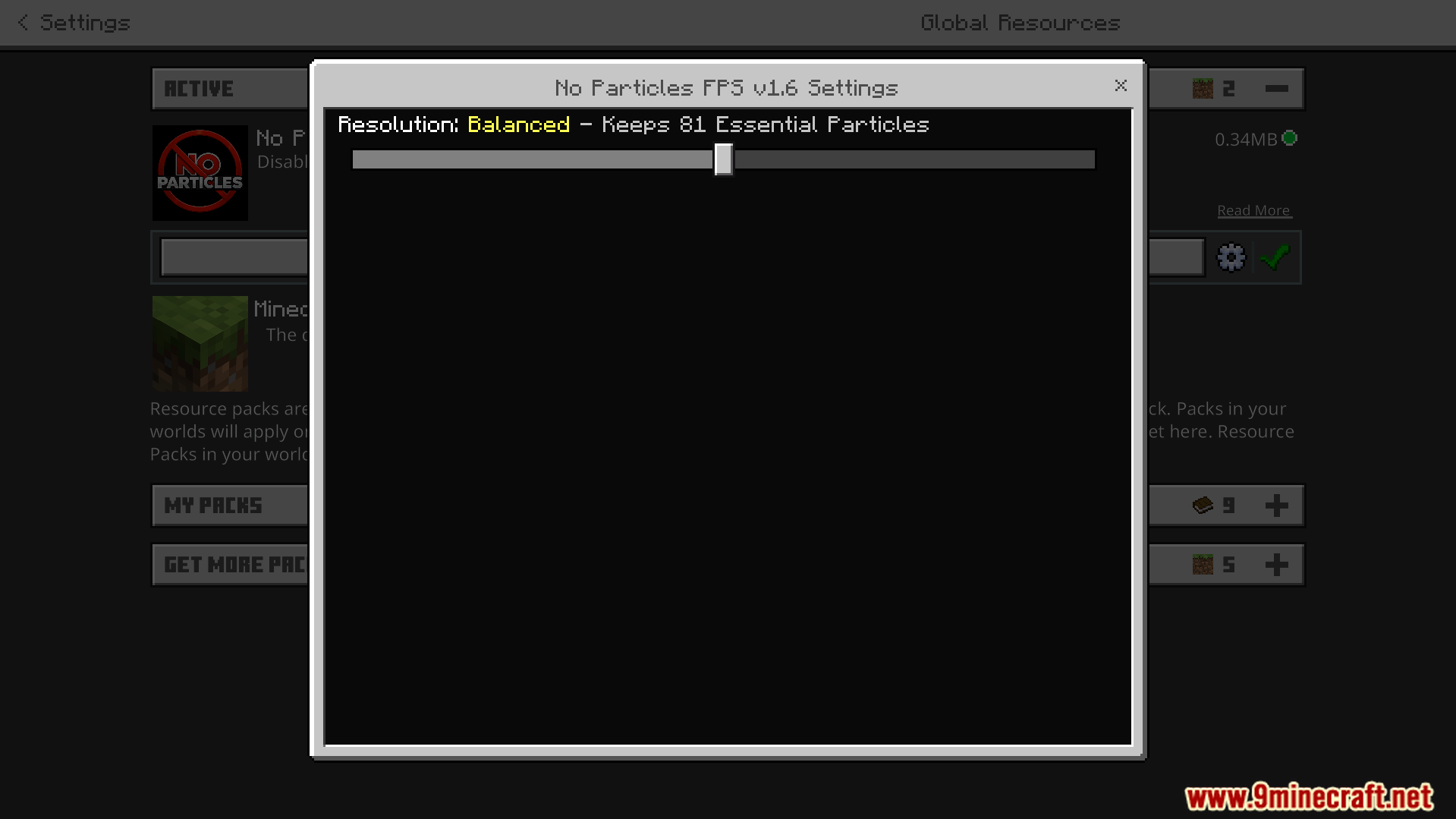 No Particles FPS Texture Pack Screenshot 3 Settings menu for No Particles FPS showing Balanced resolution option