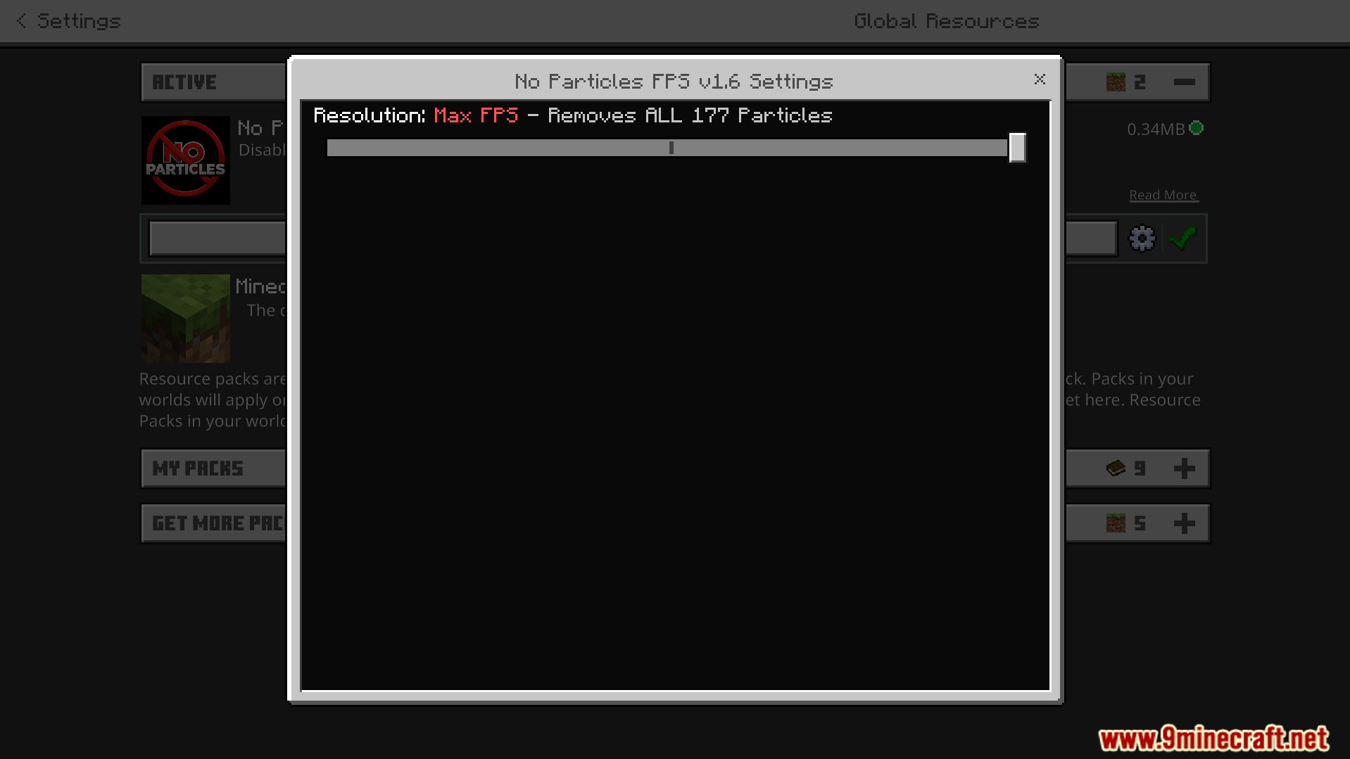 No Particles FPS Texture Pack Screenshot 4 Settings menu for No Particles FPS showing Max FPS resolution option