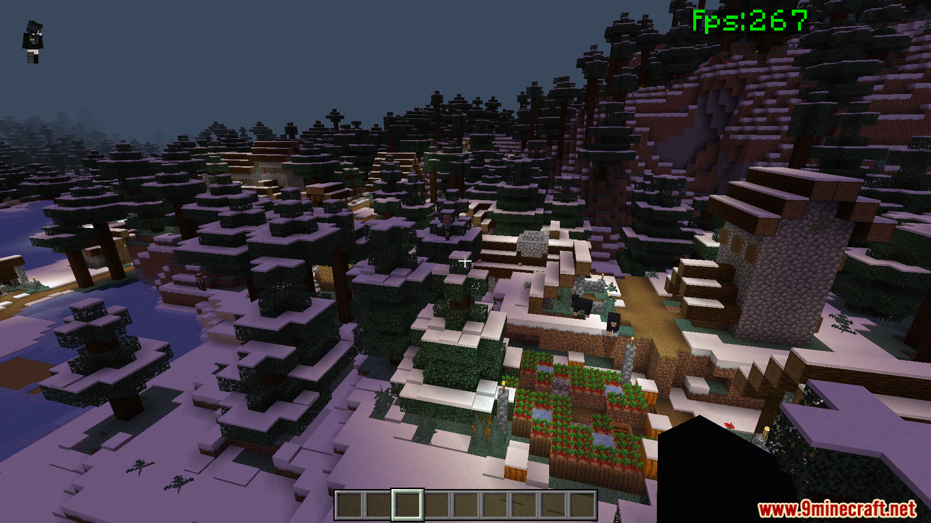 No Particles FPS Texture Pack Screenshot 5 Snowy taiga village showing improved game performance with a high frame rate