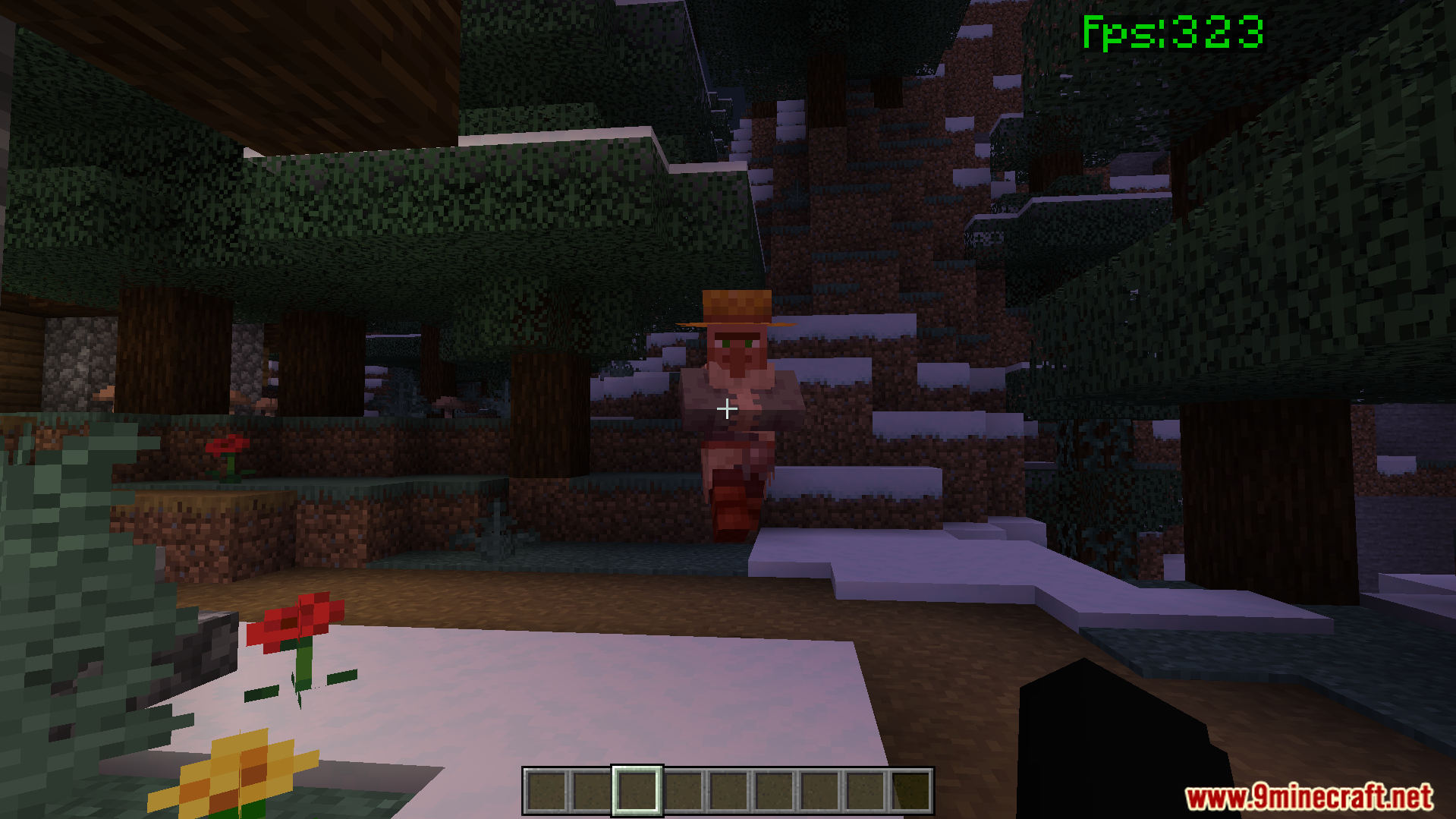 No Particles FPS Texture Pack Screenshot 6 High frame rate boost shown while exploring a snowy forest with a villager