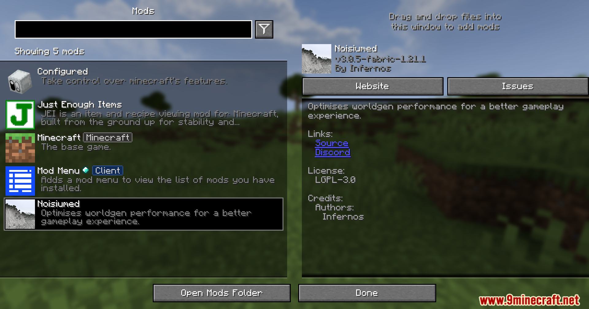 Noisiumed Mod Screenshot 1 Viewing the Noisiumed mod details and description in the game menu