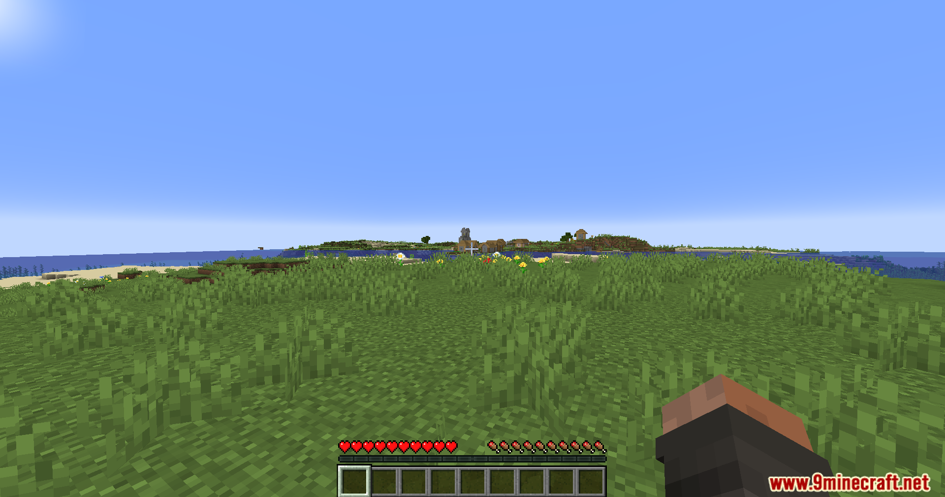 Noisiumed Mod Screenshot 5 Player looking across grassy plains towards a distant village