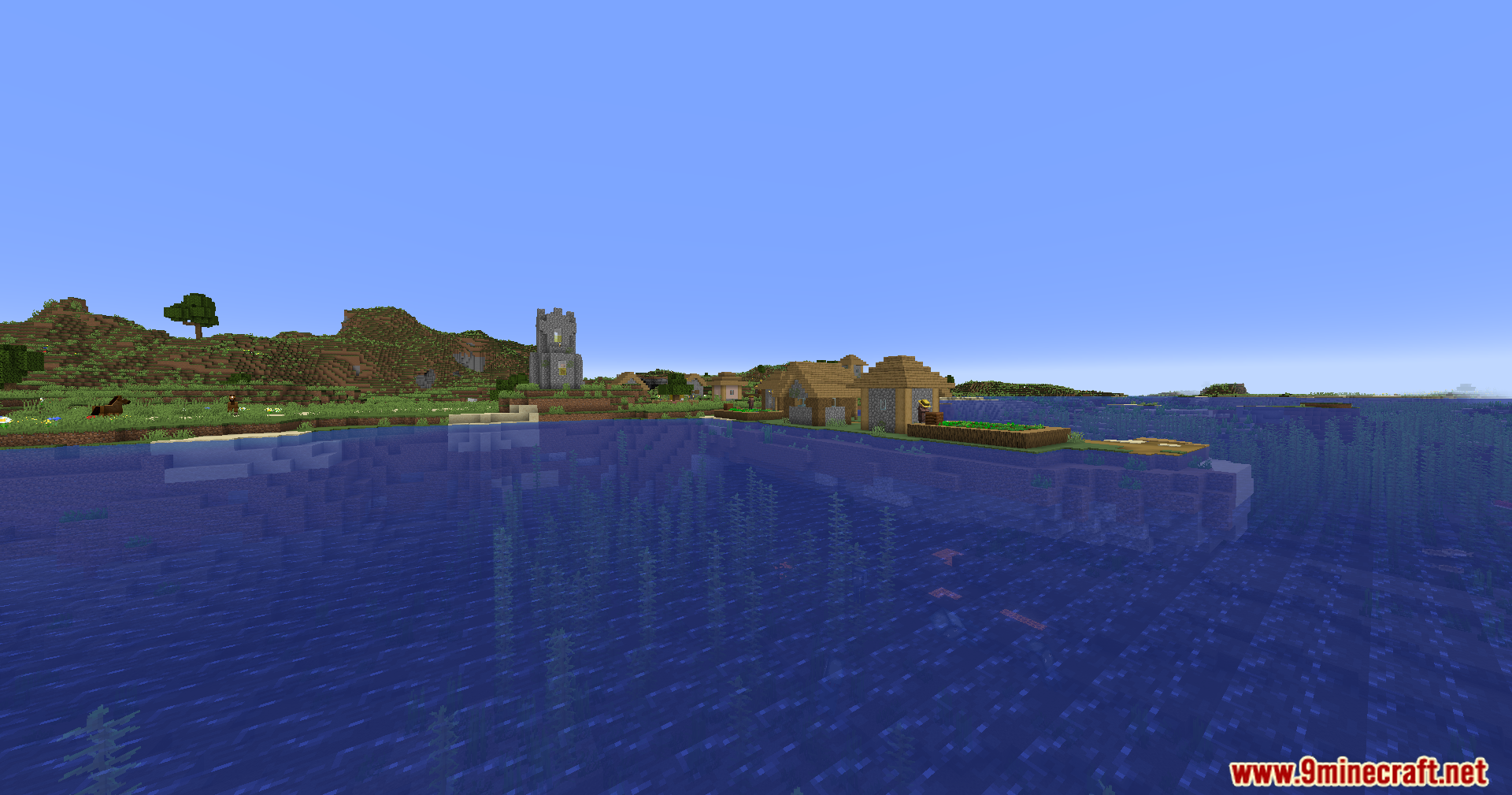Noisiumed Mod Screenshot 6 Village buildings and a stone tower situated on a coastline