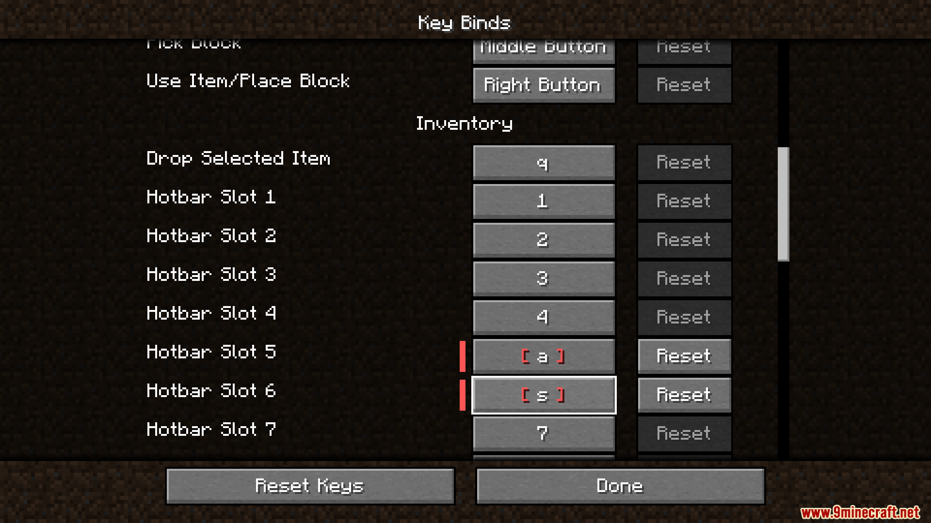 Conflicting keybinds for hotbar slots in the settings menu