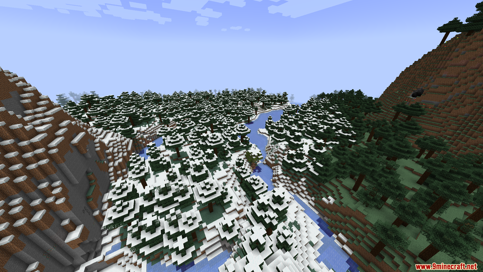 Snowy taiga forest with a winding frozen river