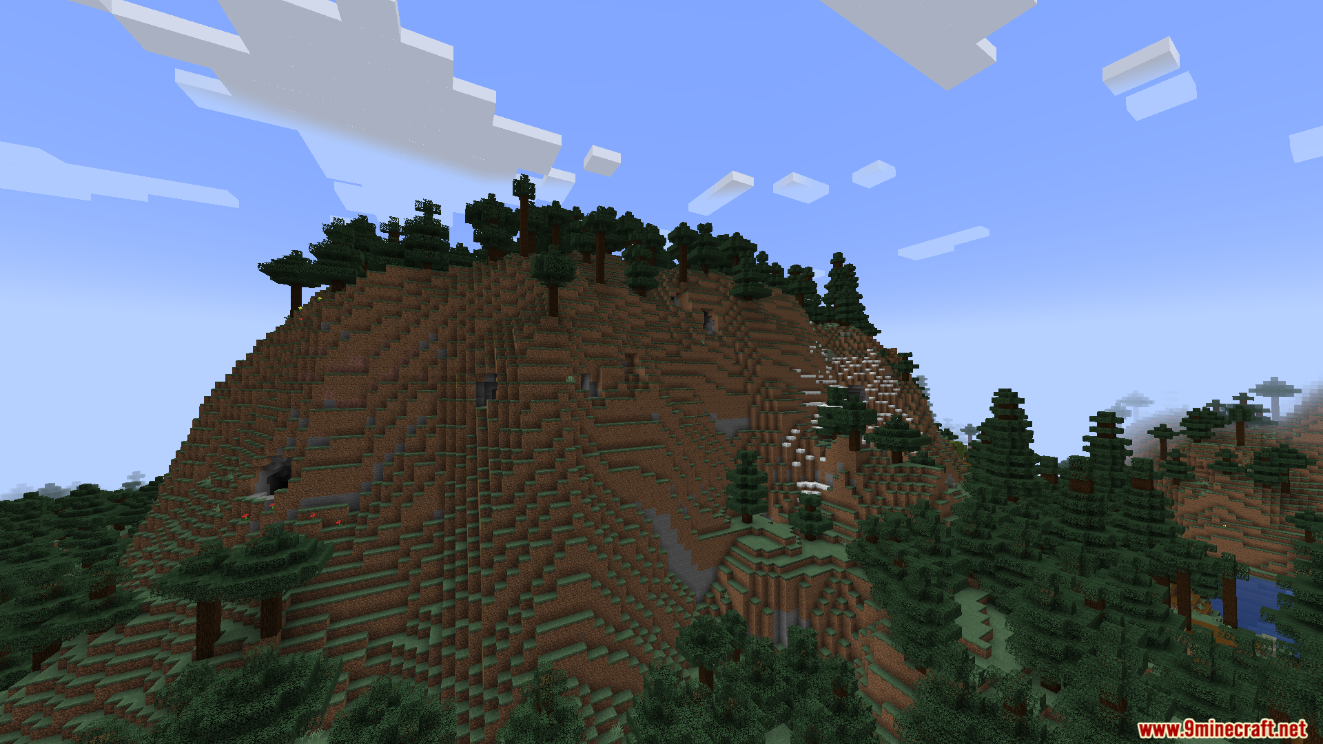 Large grassy mountain with spruce trees and a cave