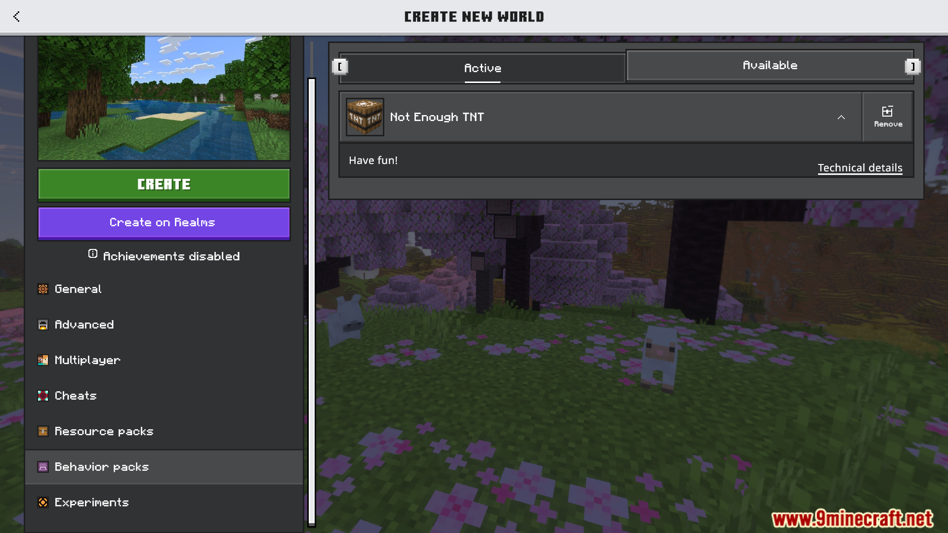 Not Enough TNT Addon Screenshot 1 create new world menu showing not enough tnt behavior pack is active
