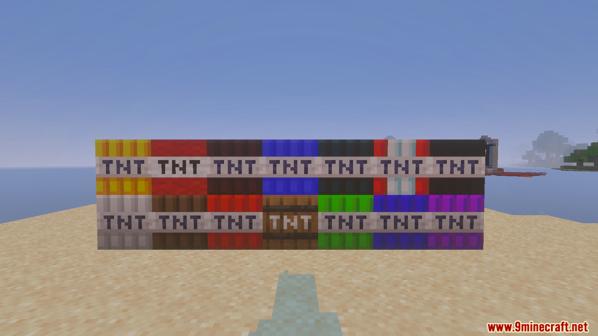 Not Enough TNT Addon Screenshot 2 display of many new types of custom explosive blocks stacked on sand