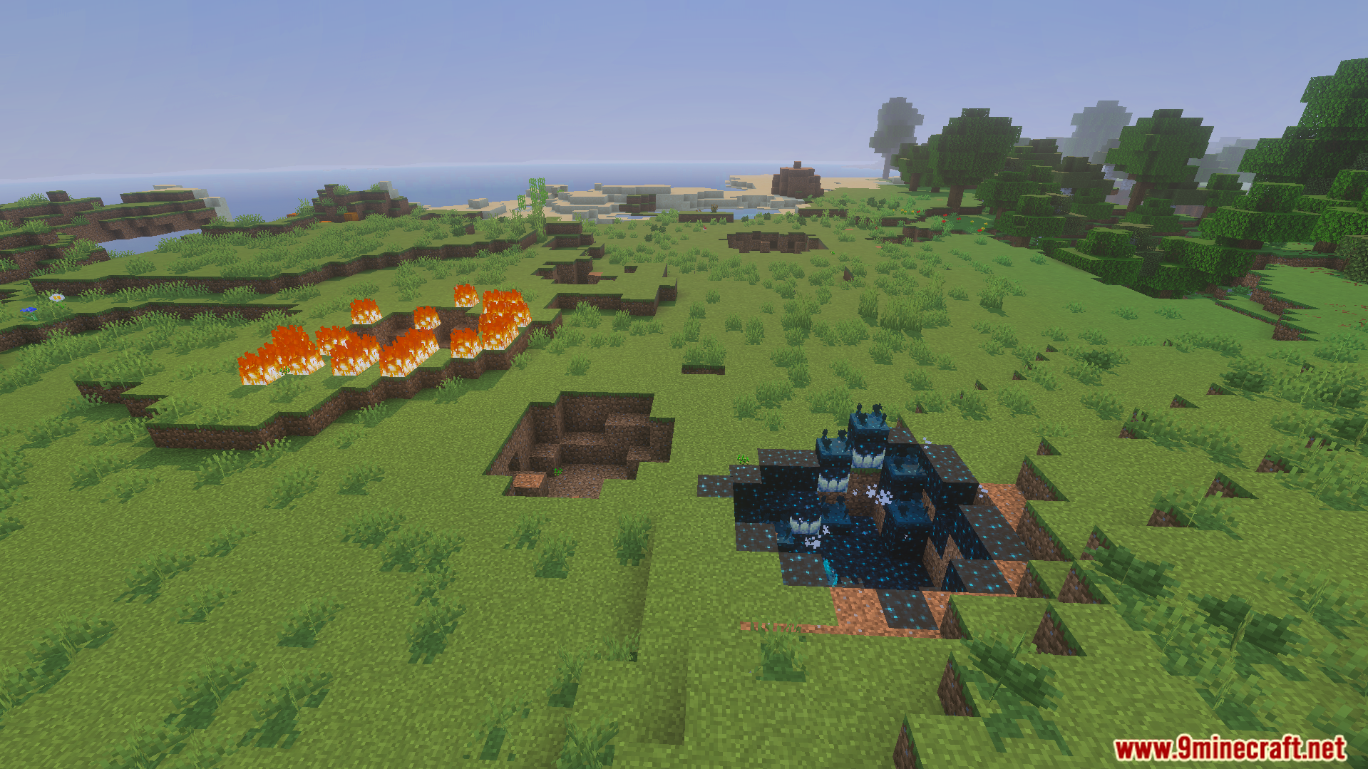 Not Enough TNT Addon Screenshot 9 Crater with sculk blocks and fire in grassy landscape