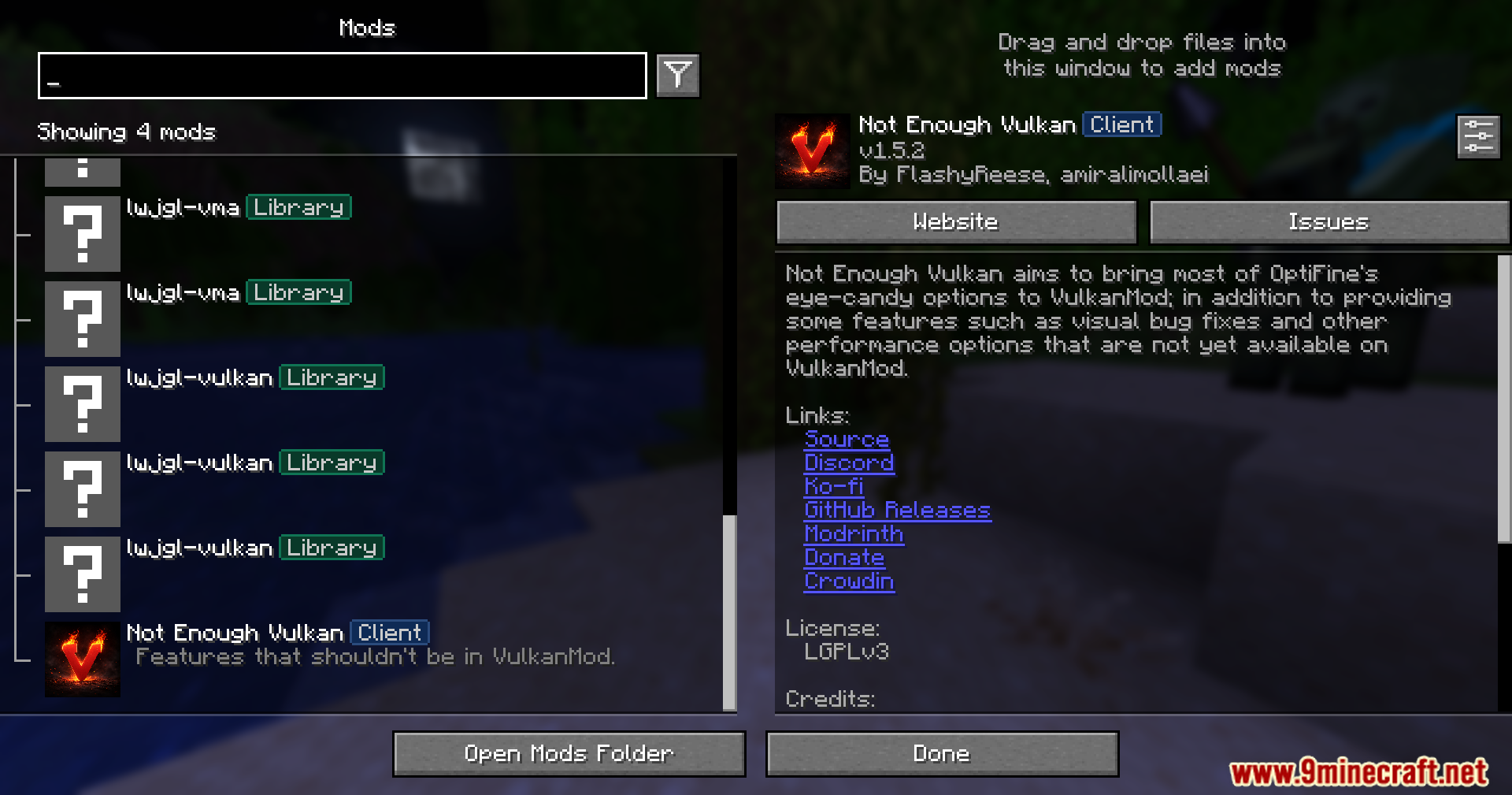 Not Enough Vulkan Mod Screenshot 1 Minecraft mod menu displaying Not Enough Vulkan details and installed dependencies