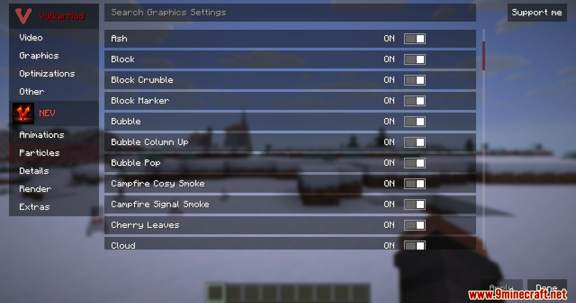 Not Enough Vulkan Mod Screenshot 3 Minecraft graphics settings menu displaying toggle options for various in game particles