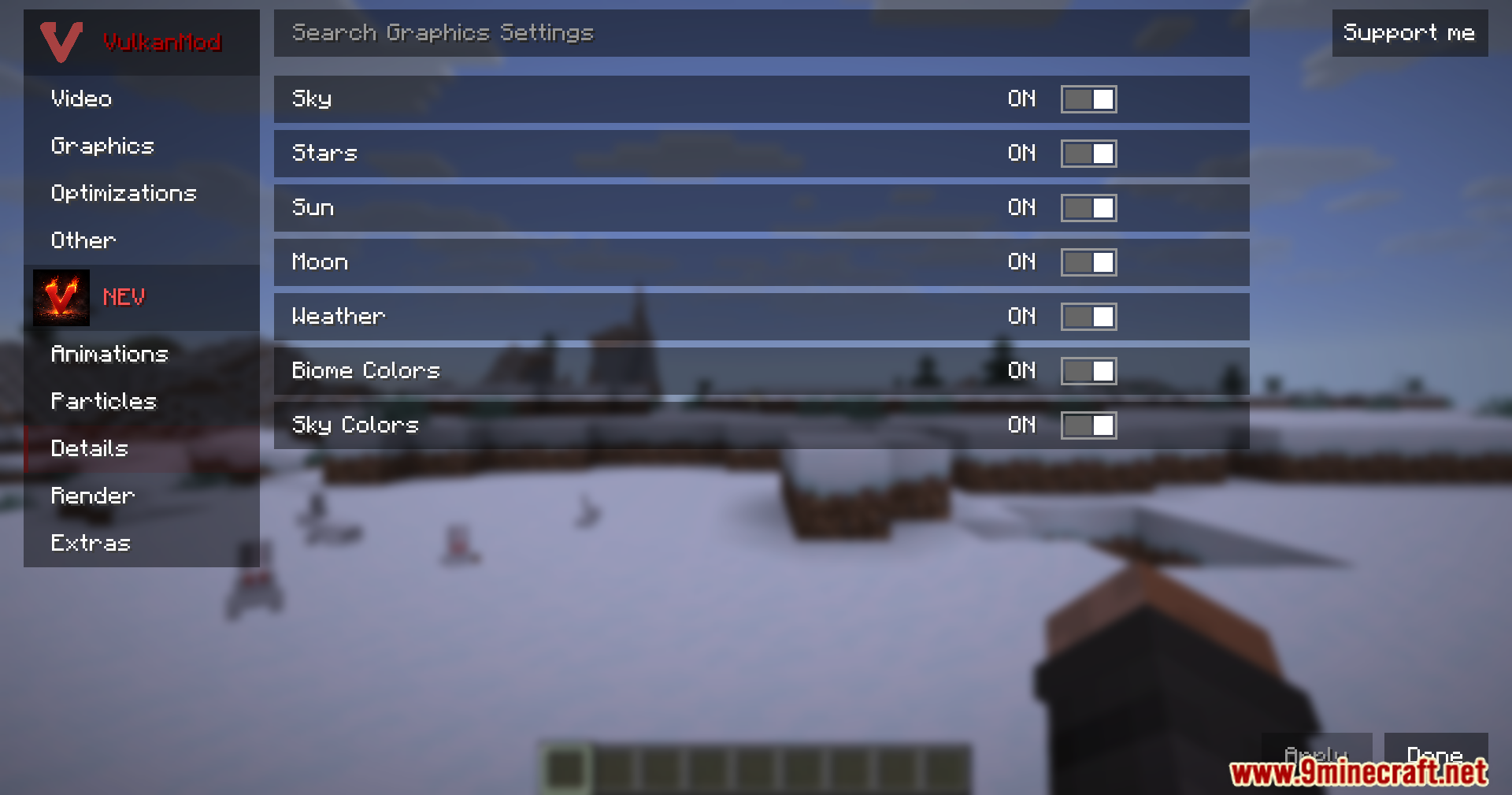 Not Enough Vulkan Mod Screenshot 4 Minecraft graphics settings menu showing toggle options for environmental details and weather