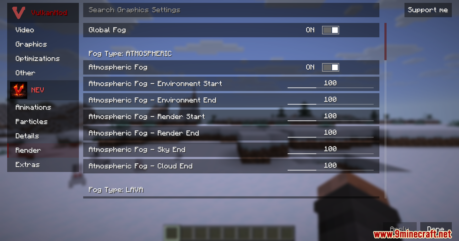 Not Enough Vulkan Mod Screenshot 5 Viewing the render settings menu to adjust atmospheric fog and global fog