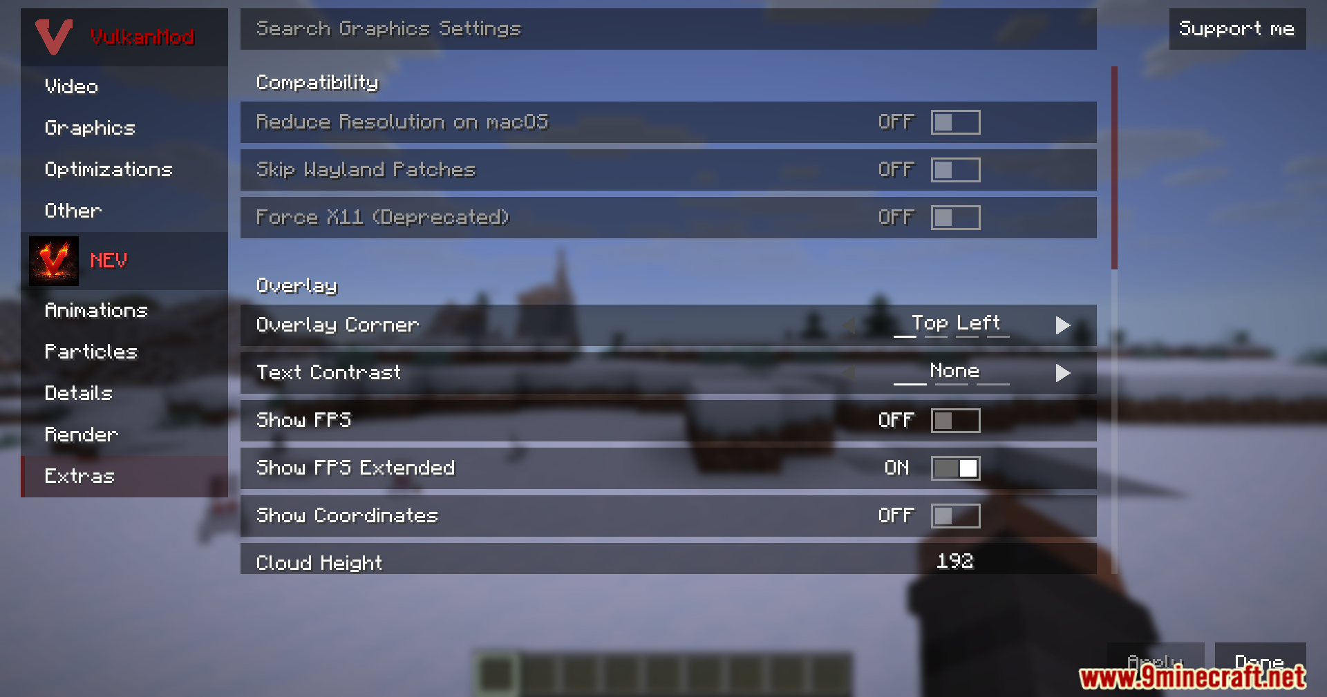 Not Enough Vulkan Mod Screenshot 6 Viewing the extras settings menu for system compatibility and overlay display options