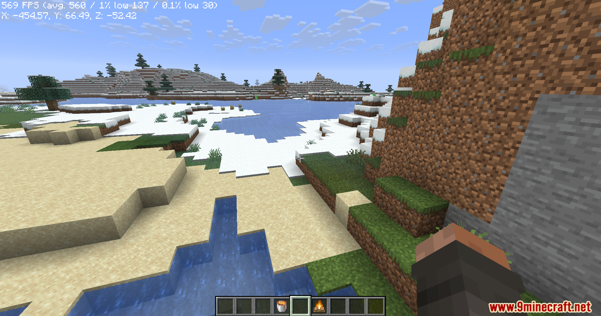 Not Enough Vulkan Mod Screenshot 8 Minecraft landscape with snow sand water and dirt blocks