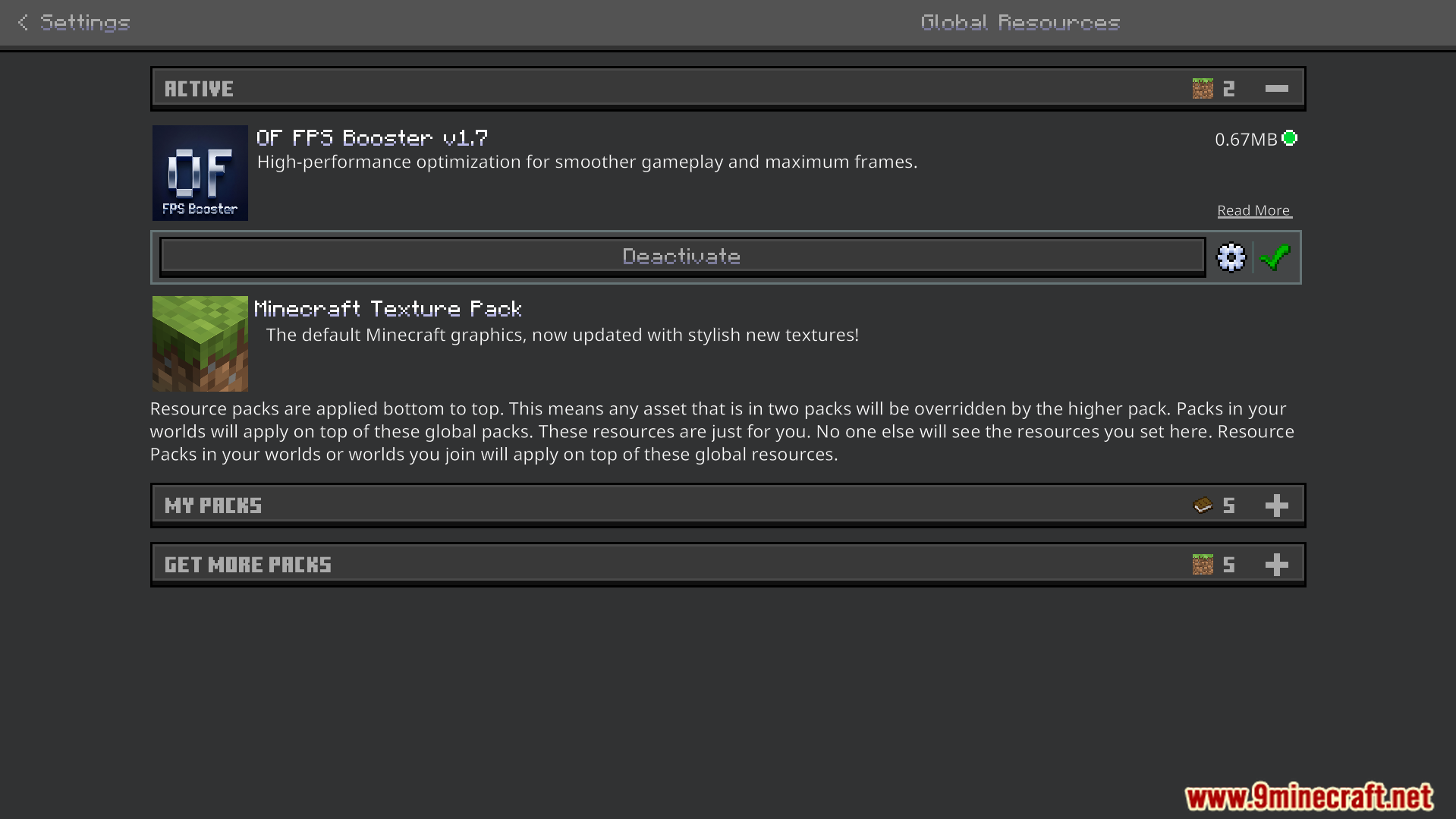 OF FPS Booster Texture Pack Screenshot 1 Global resources menu showing the active texture pack for smoother gameplay