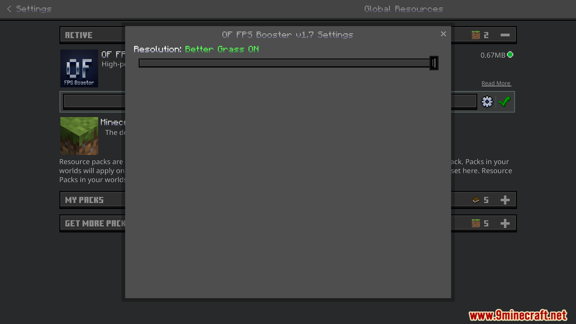 OF FPS Booster Texture Pack Screenshot 2 Settings menu for the texture pack showing the resolution slider