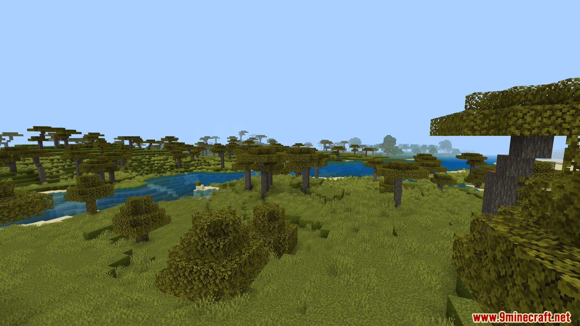 OF FPS Booster Texture Pack Screenshot 3 smooth gameplay in a savanna biome with clear skies and fast chunk loading