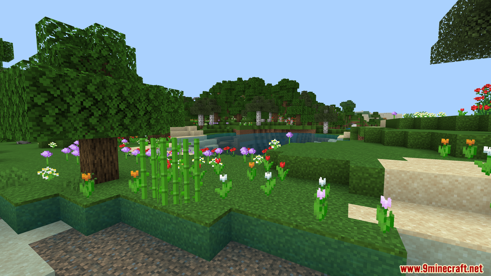 OF FPS Booster Texture Pack Screenshot 5 clear water rendering and classic style textures near a small pond with flowers