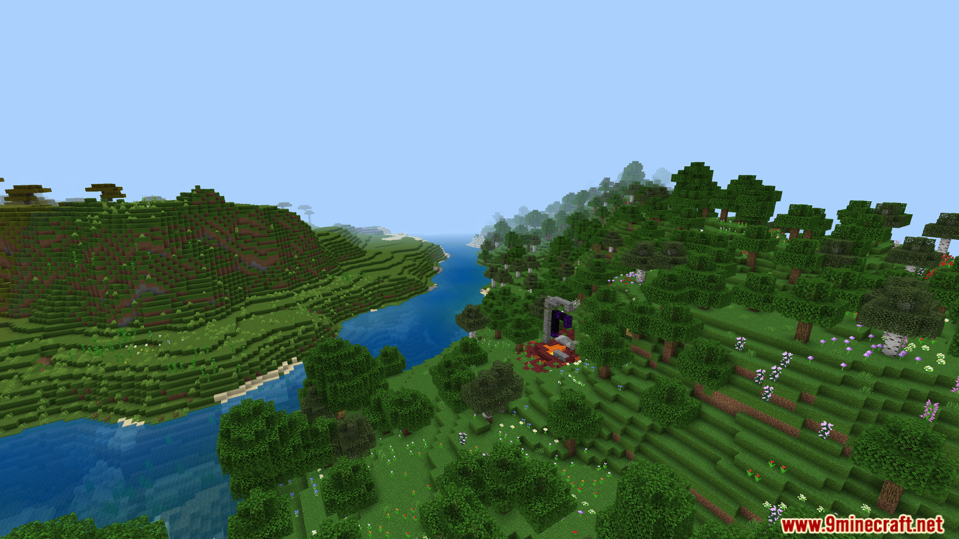 OF FPS Booster Texture Pack Screenshot 6 wide river valley showing fast chunk loading and plain sky for better performance