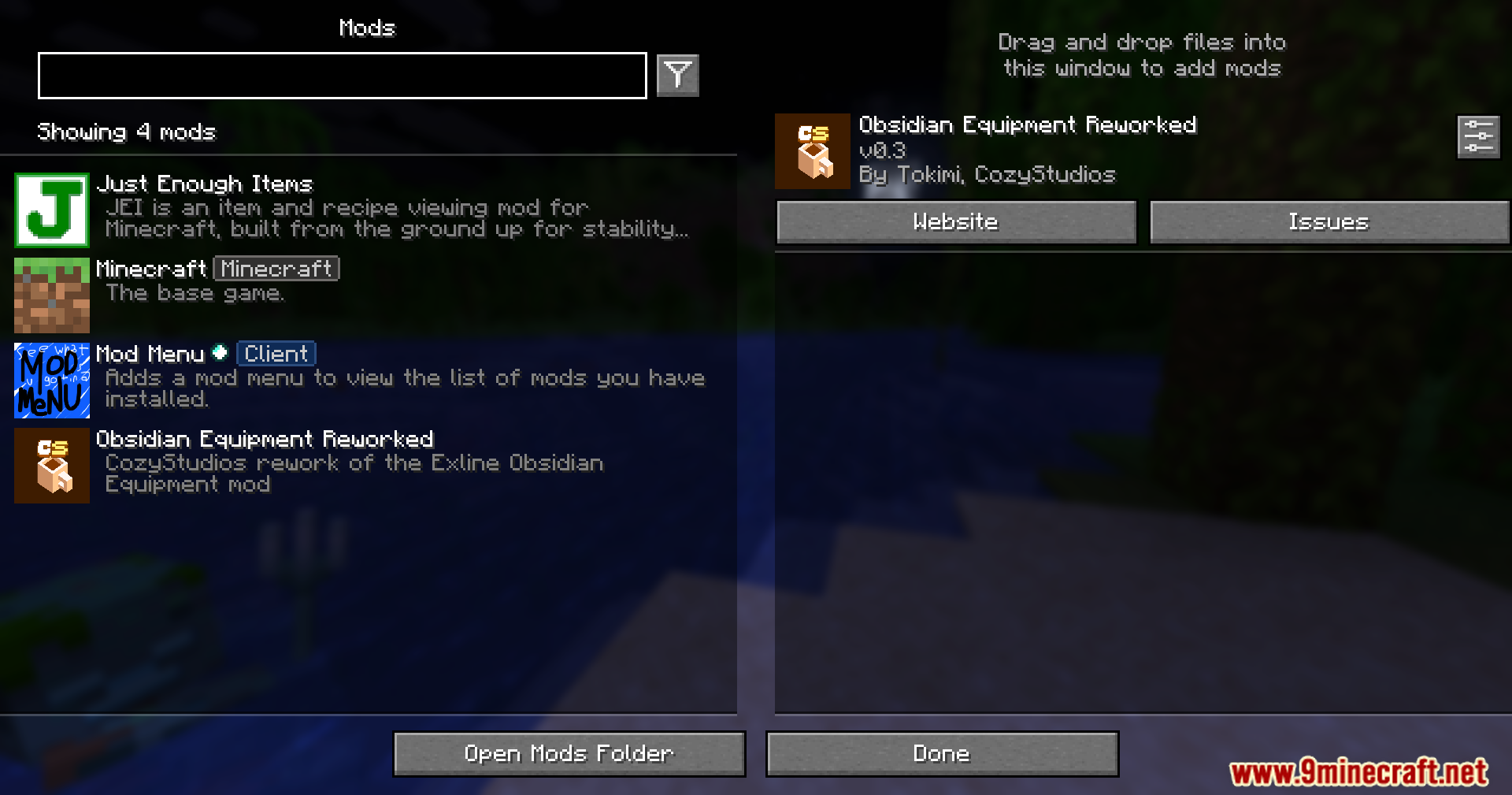 In game mods menu screen showing a list of installed modifications