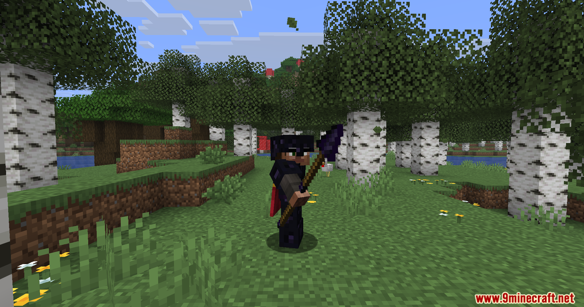 Character equipped with obsidian armor and spear standing in a birch forest