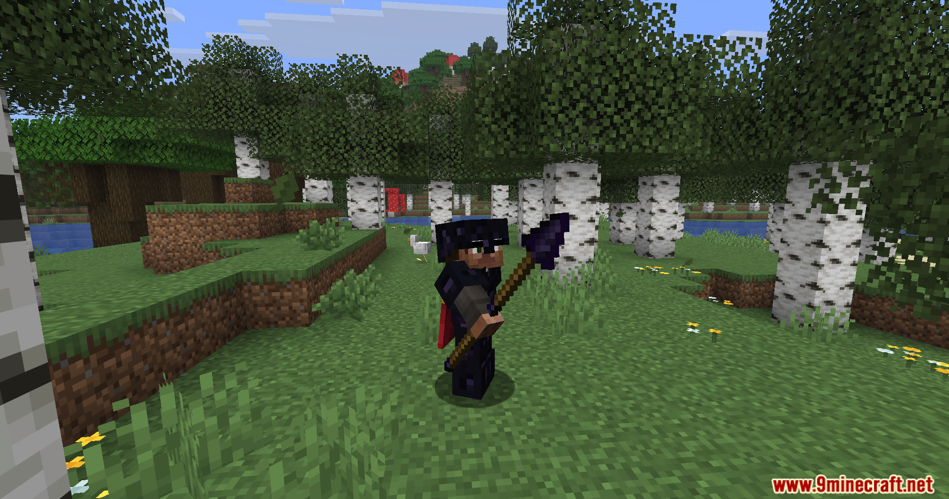 Player wearing obsidian armor and holding a spear in a birch forest
