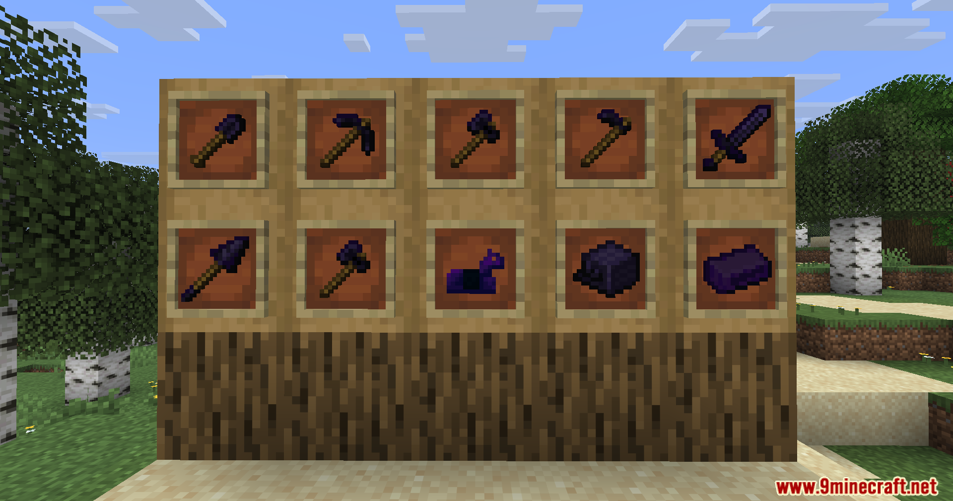 Item frames displaying various dark obsidian tools weapons and armor