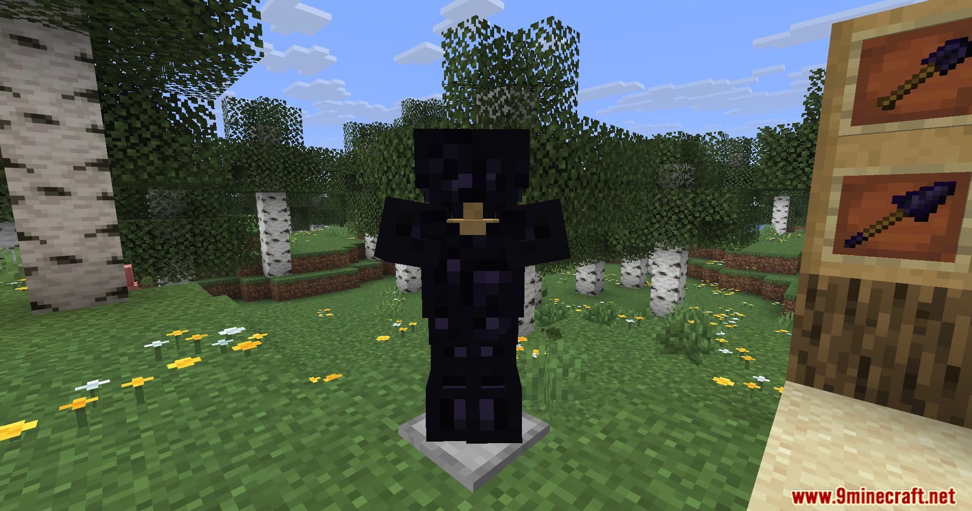 Armor stand showing full obsidian armor set with tools in item frames nearby
