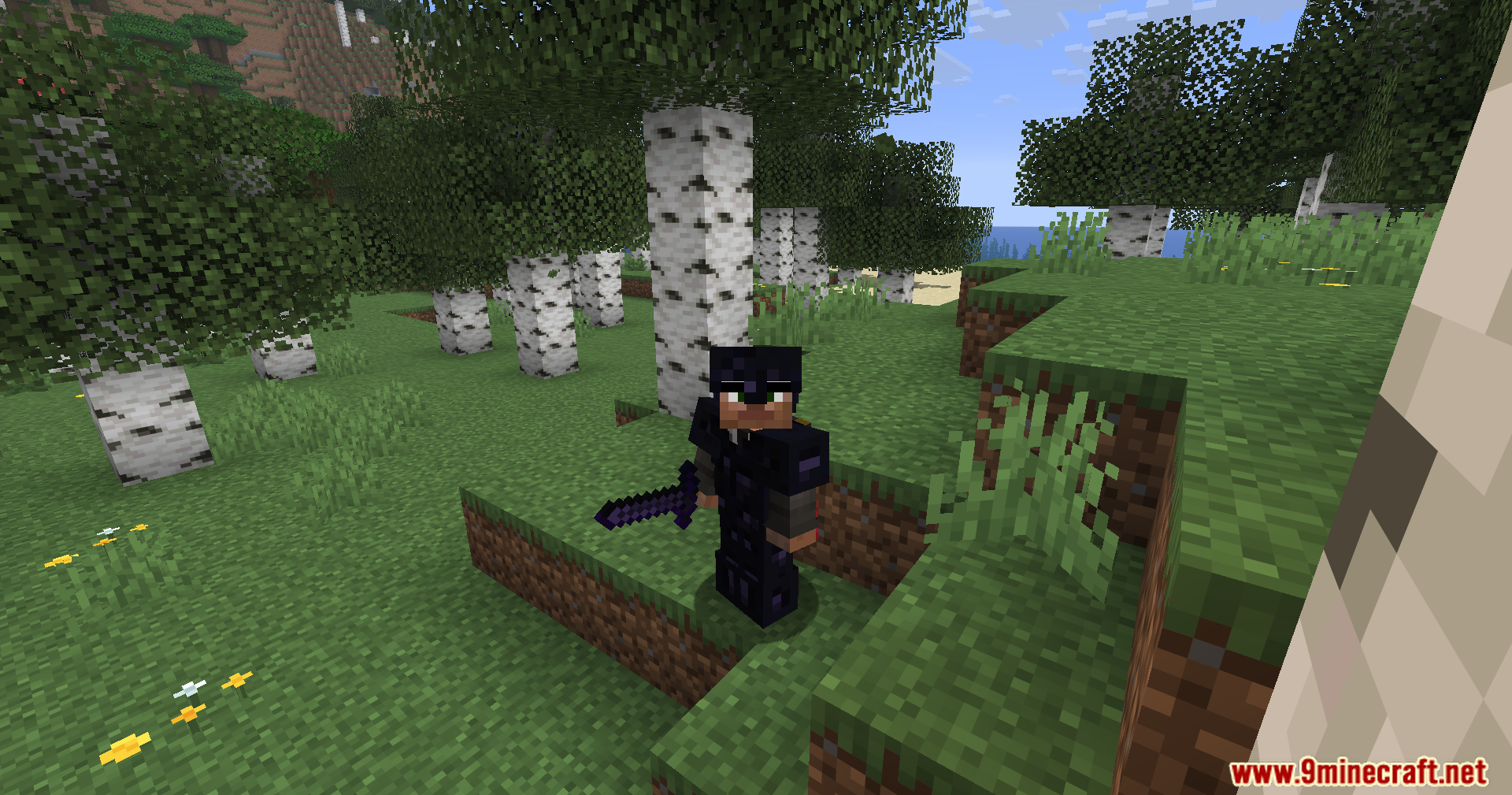 Player character wearing full obsidian armor and holding a dark sword in forest
