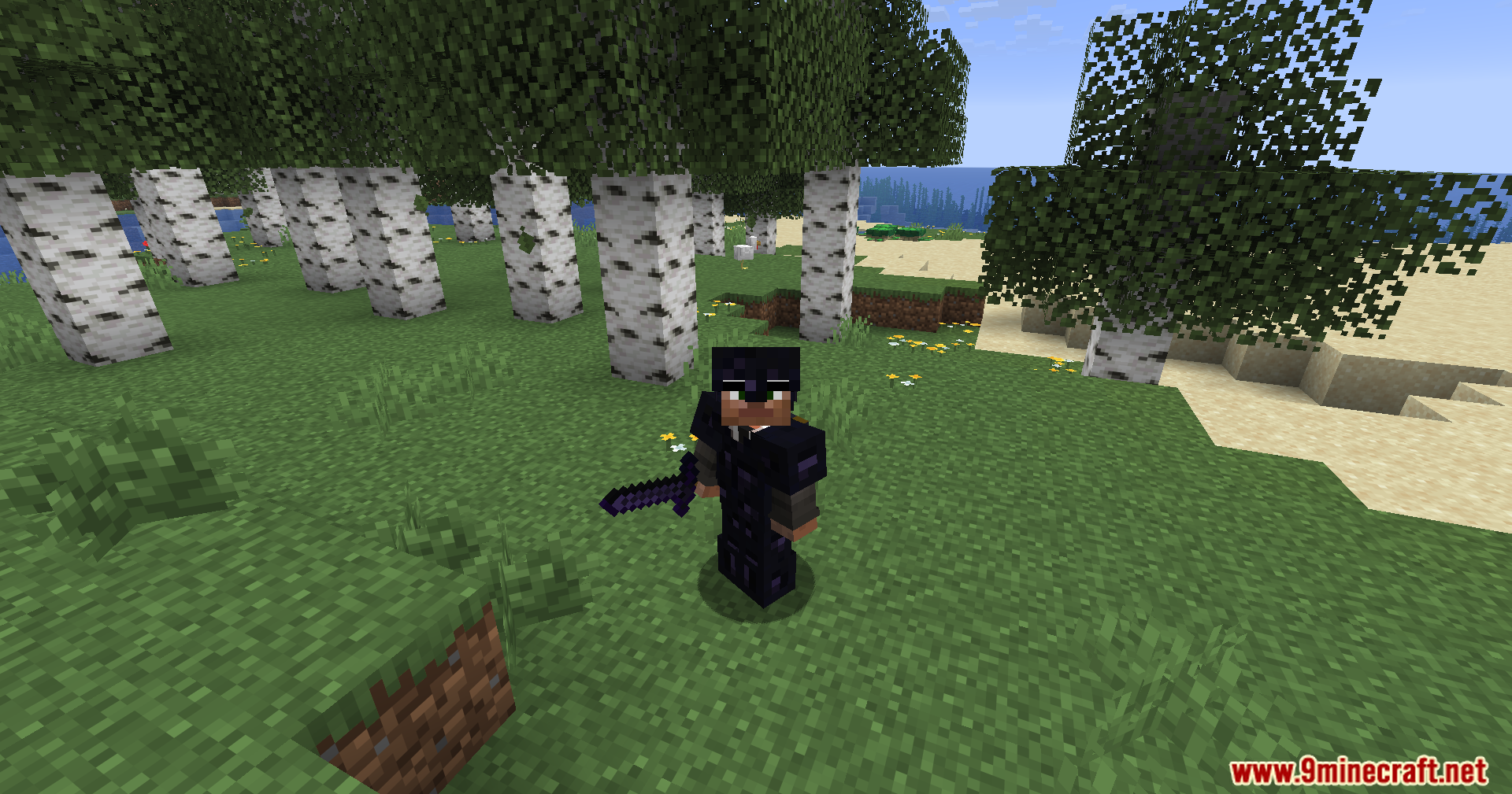 Player wearing dark obsidian armor and holding a sword in a birch forest