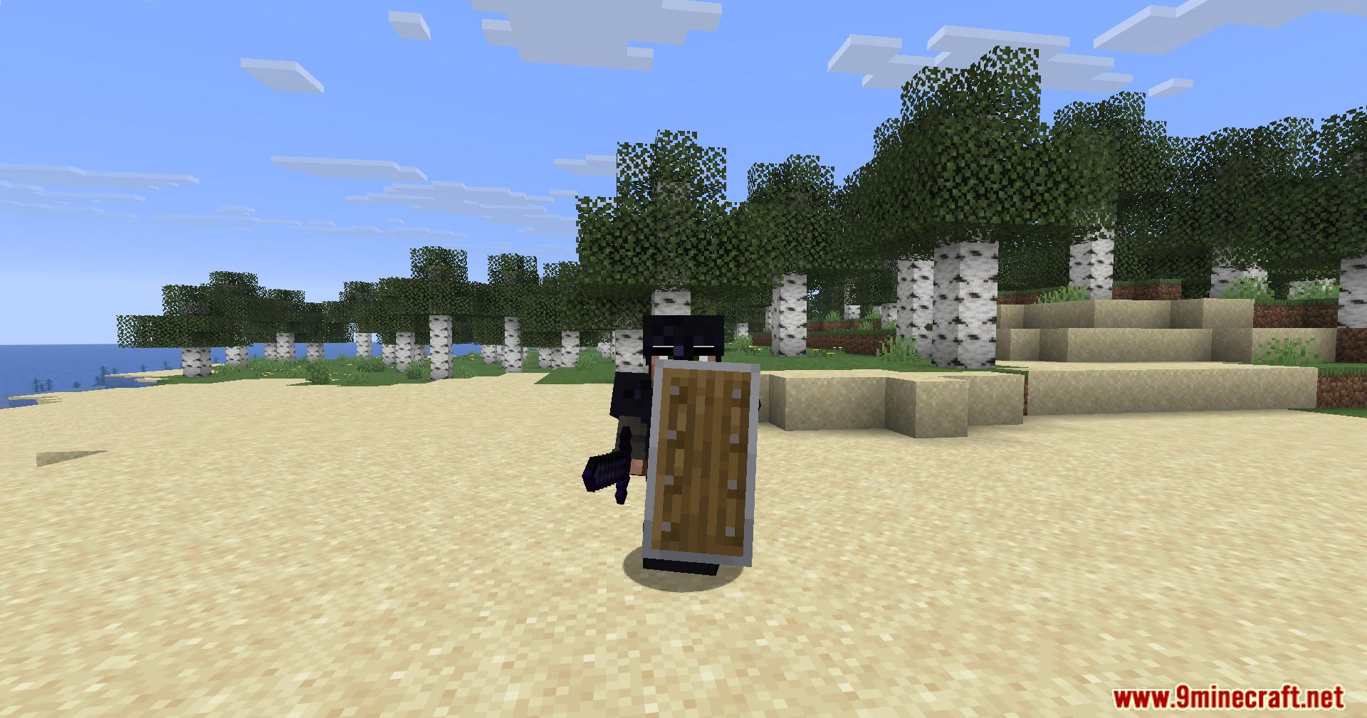 Player wearing dark obsidian armor blocking with a shield on a beach