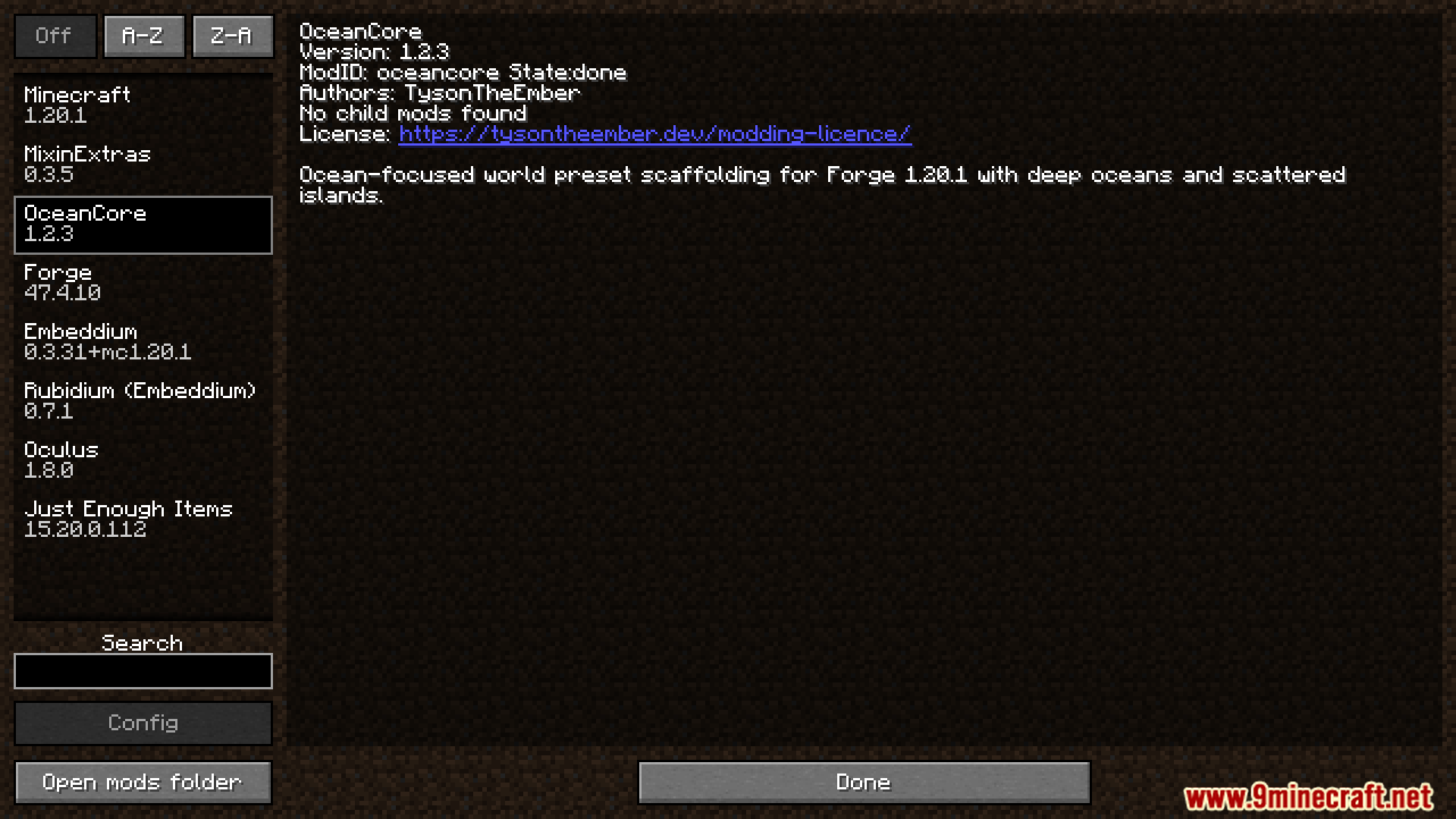 OceanCore mod details shown in the mods list menu