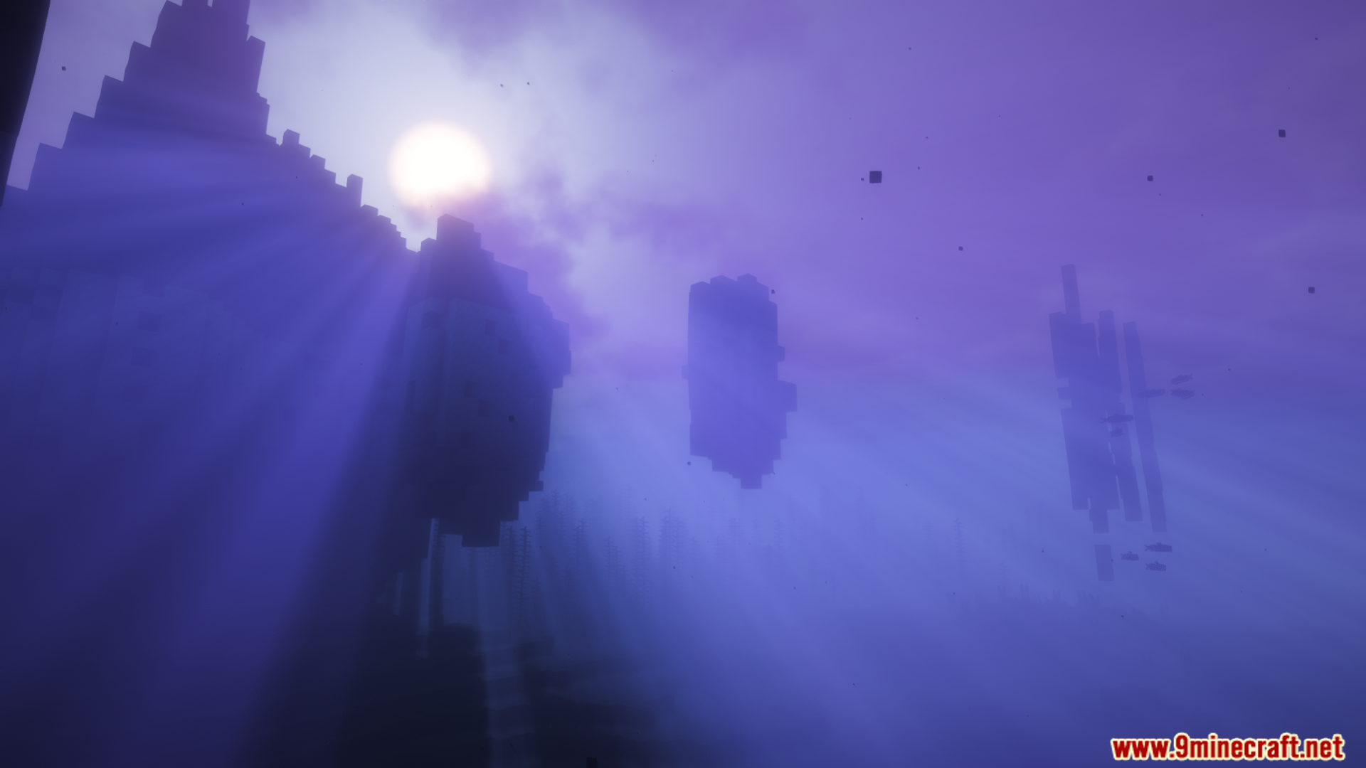 Deep ocean ruins silhouetted against the sun