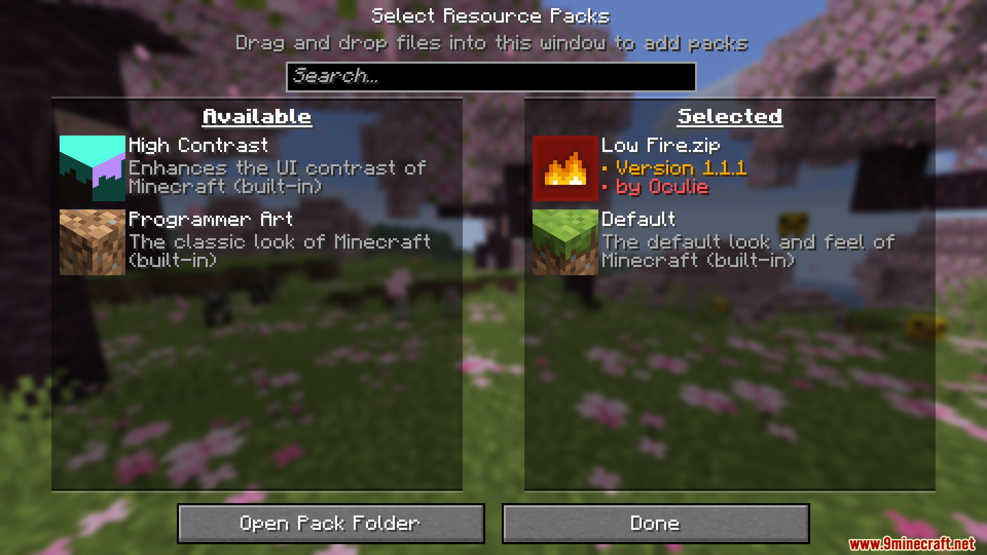 Selecting the Low Fire resource pack in the menu