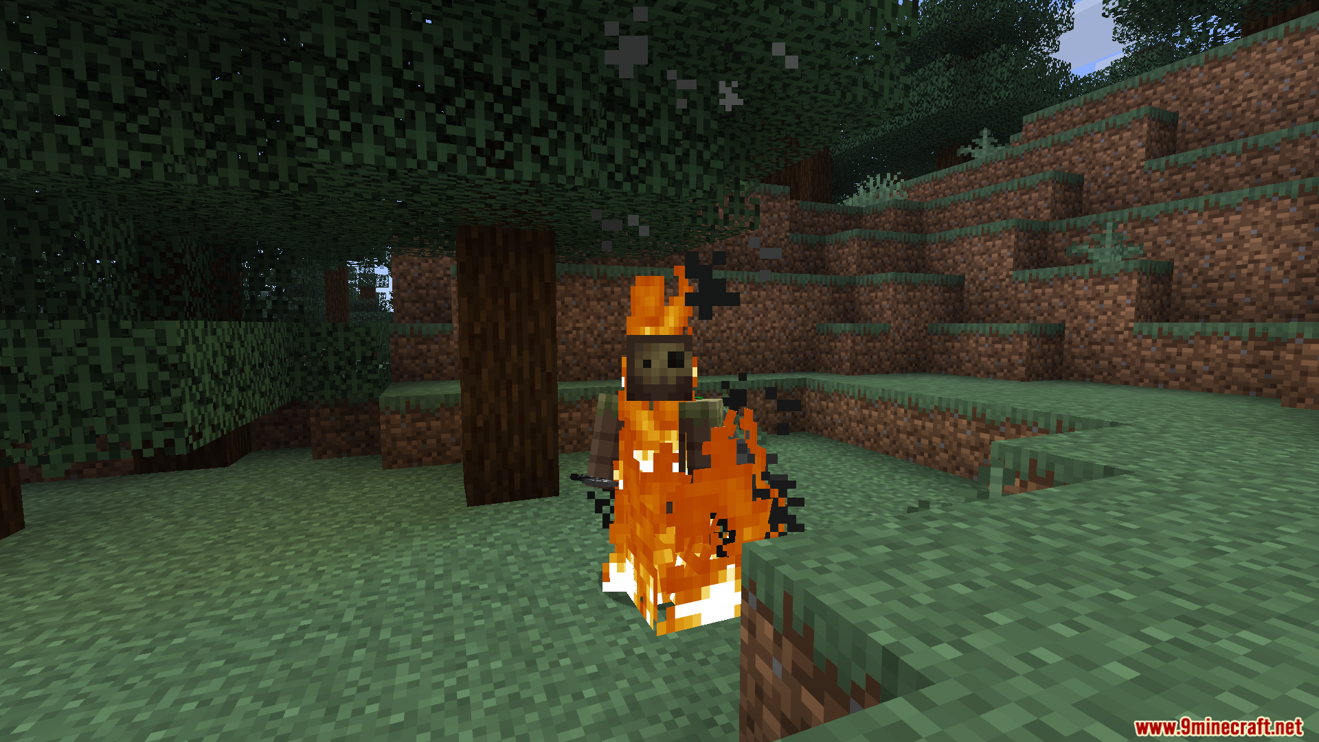 Player character on fire with a much smaller flame effect