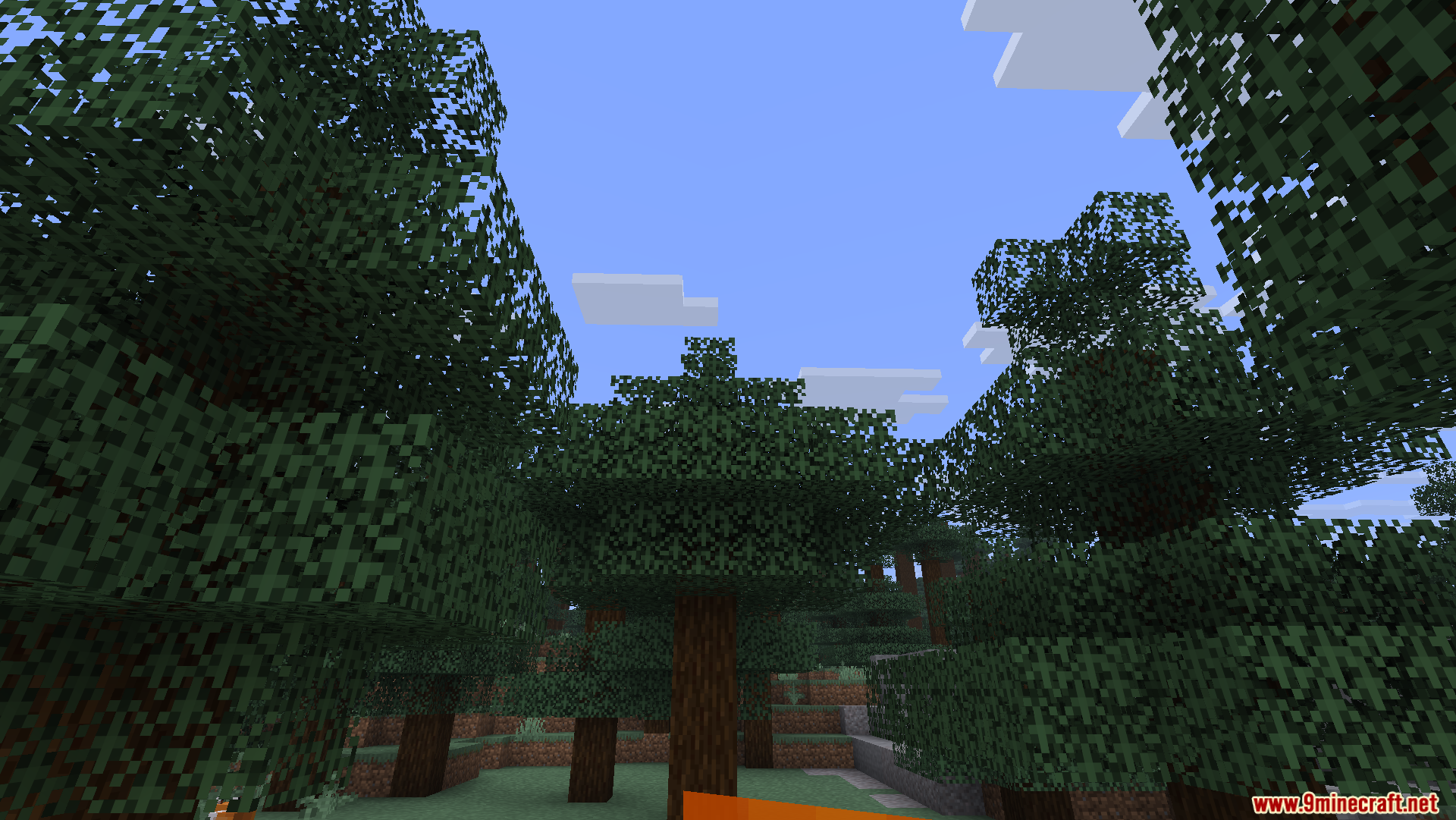 A scenic view of a lush green Minecraft forest