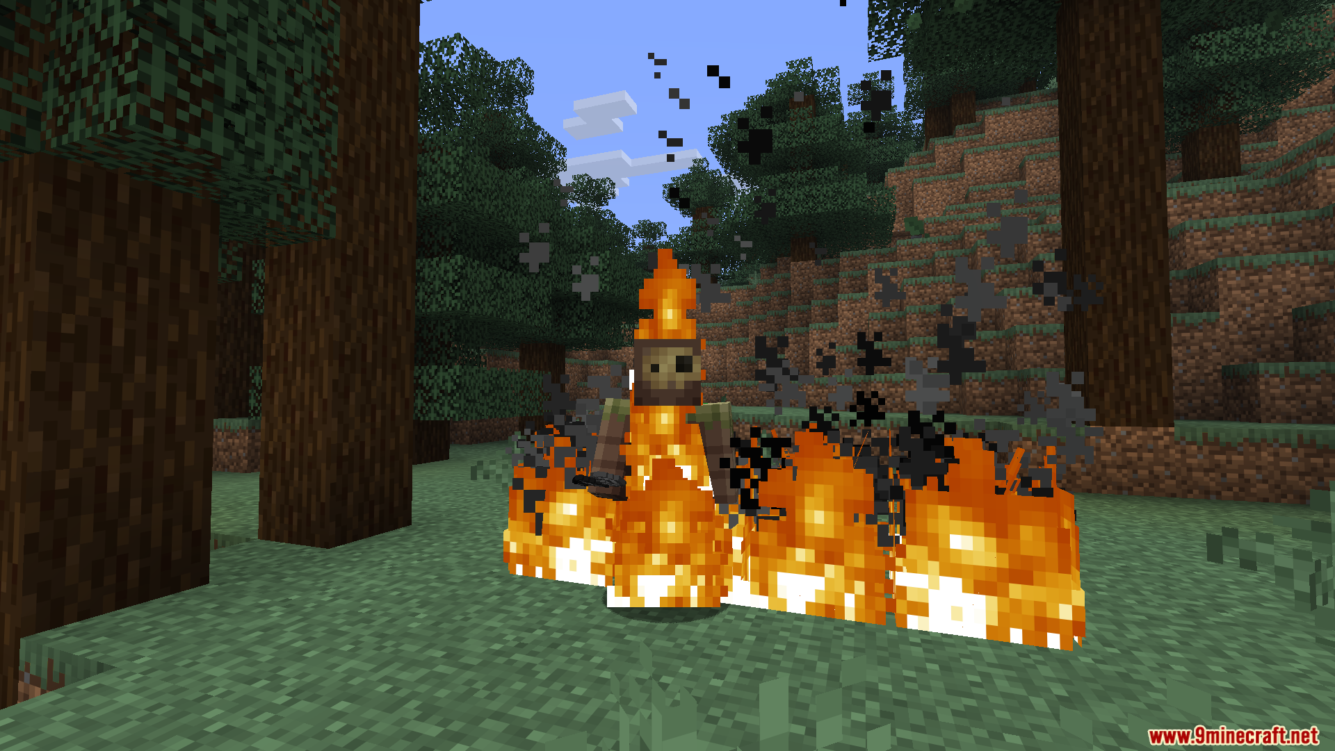 Player on fire with low flames for better screen visibility