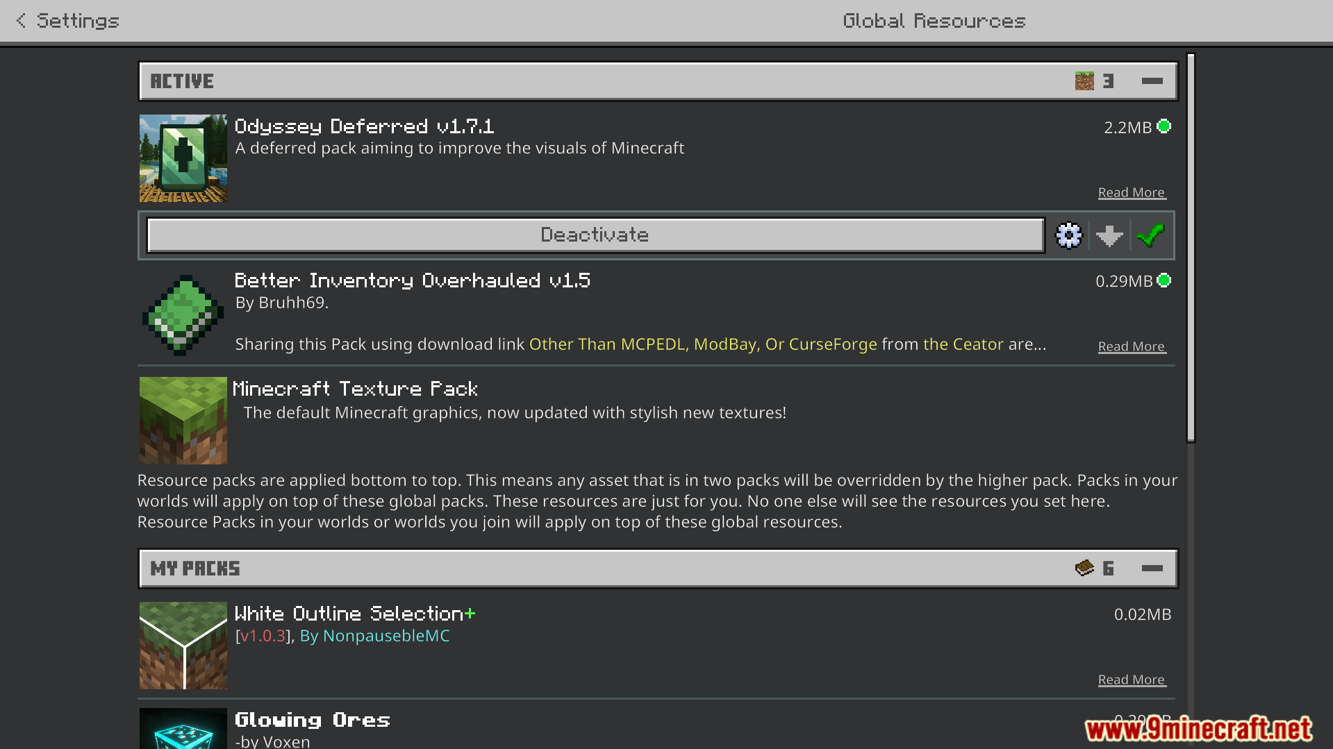 Activating the resource pack in the global settings menu