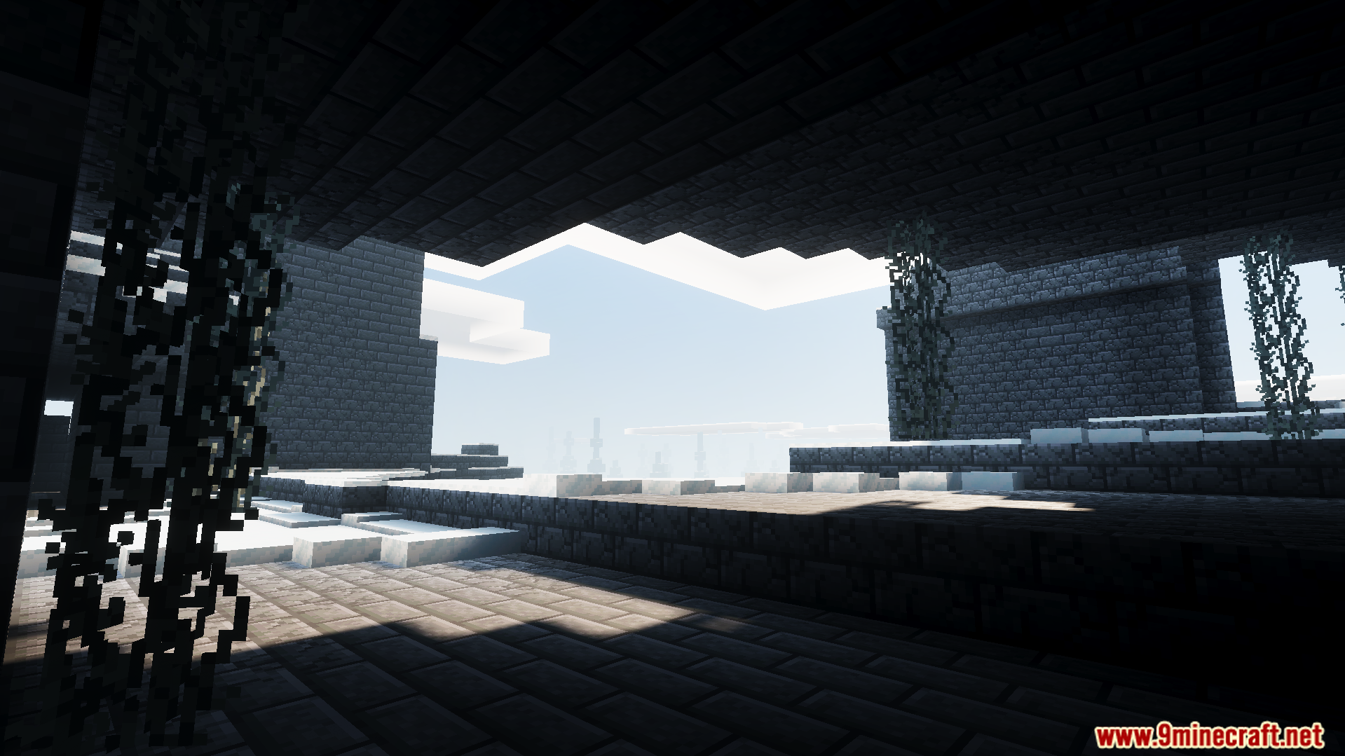 Realistic lighting creates deep shadows within a dark stone structure