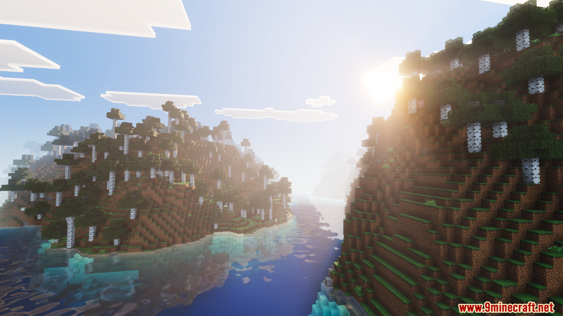 Realistic lighting and thick fog over a river between hills