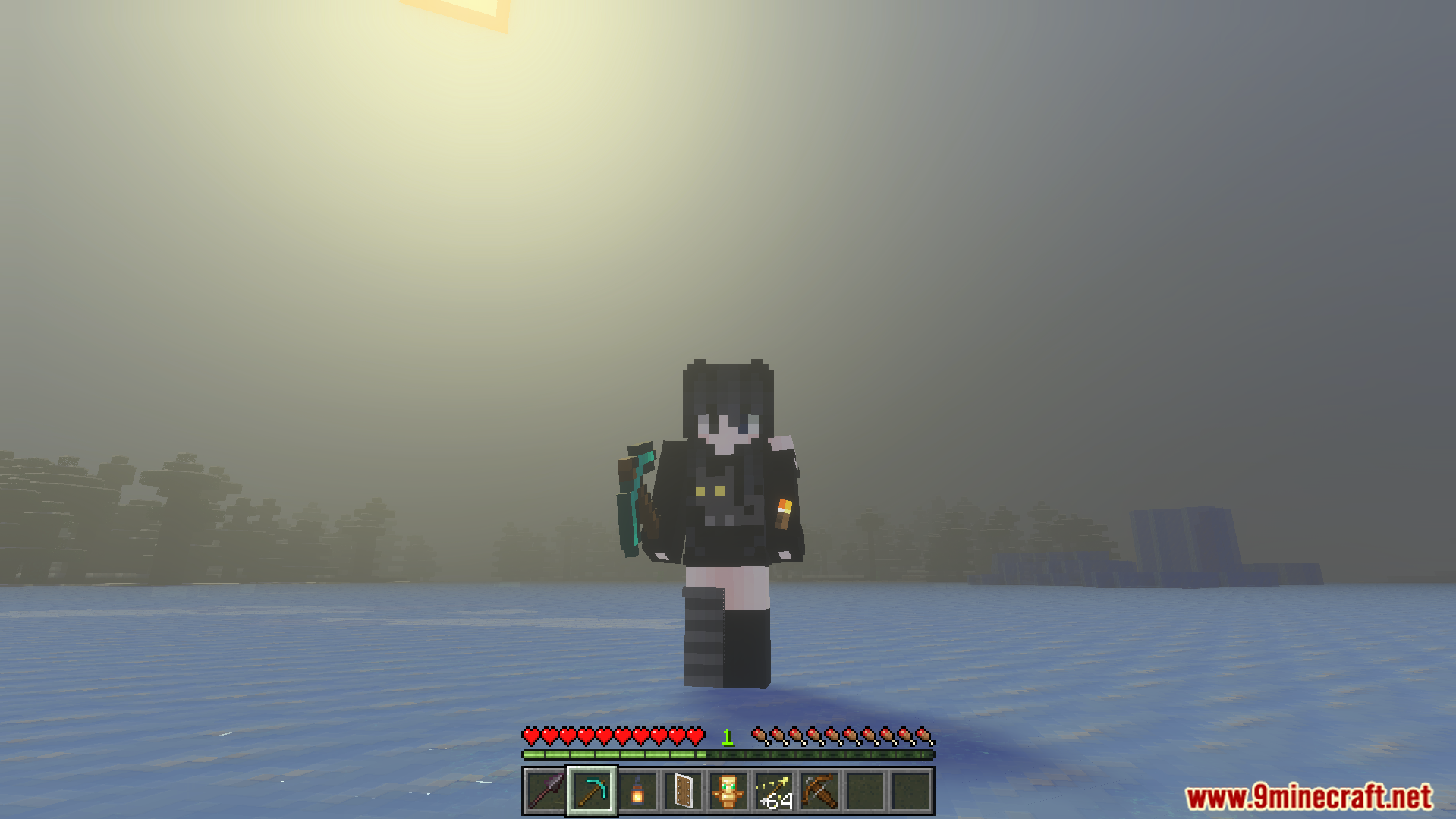 Player holding a pickaxe and a torch in their offhand