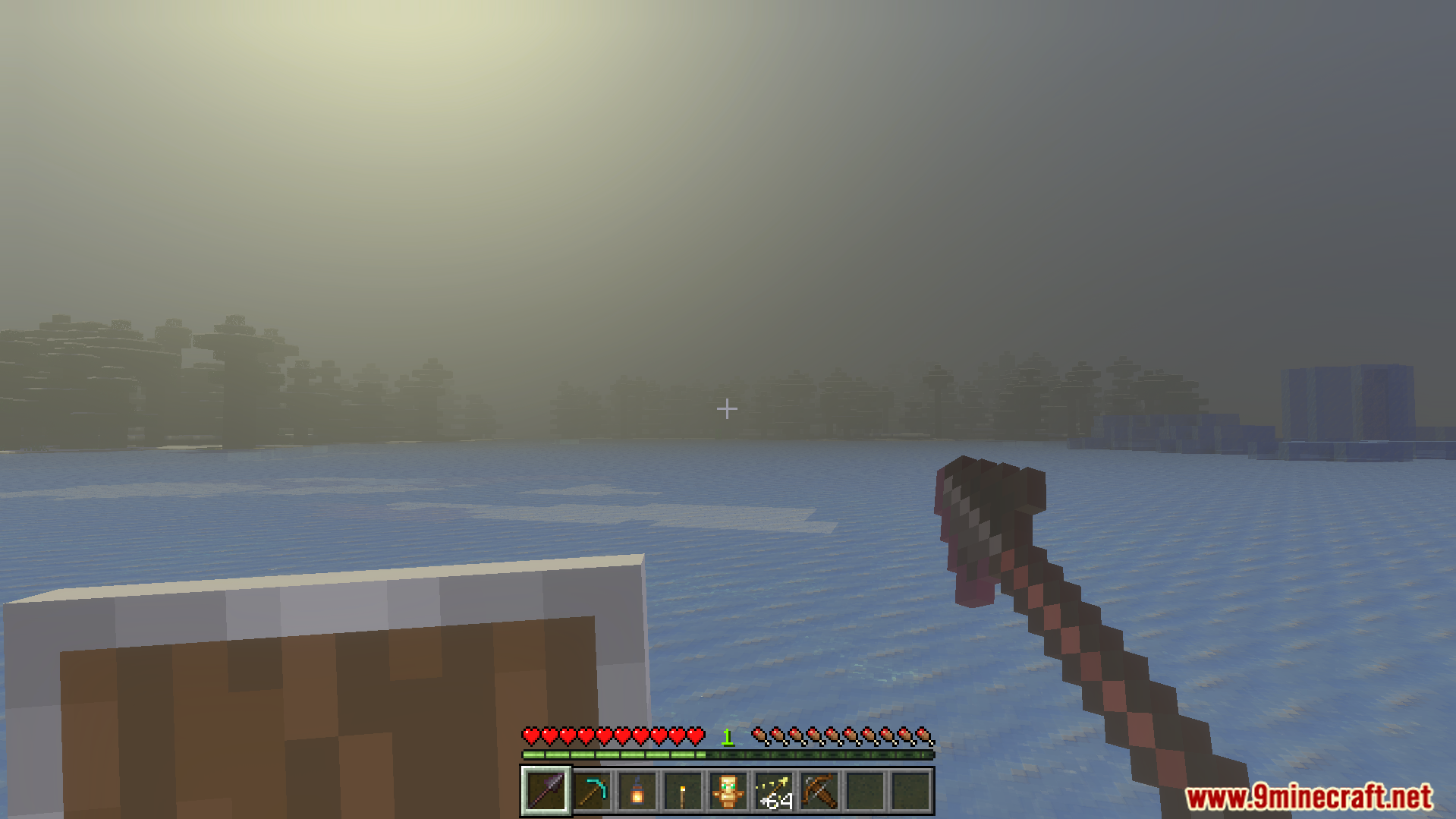 Player holding a shield in the offhand while exploring a snowy biome