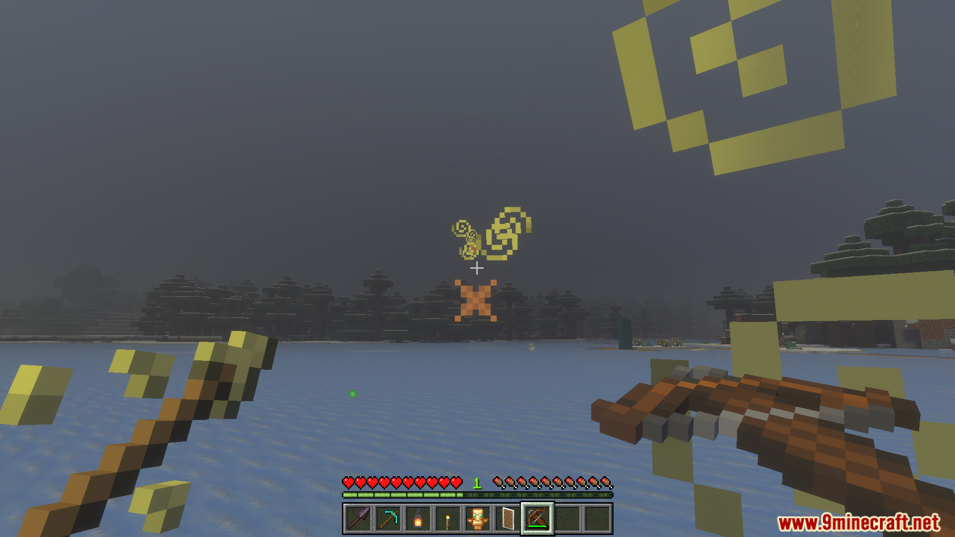Player holding an arrow in the left hand and aiming a crossbow